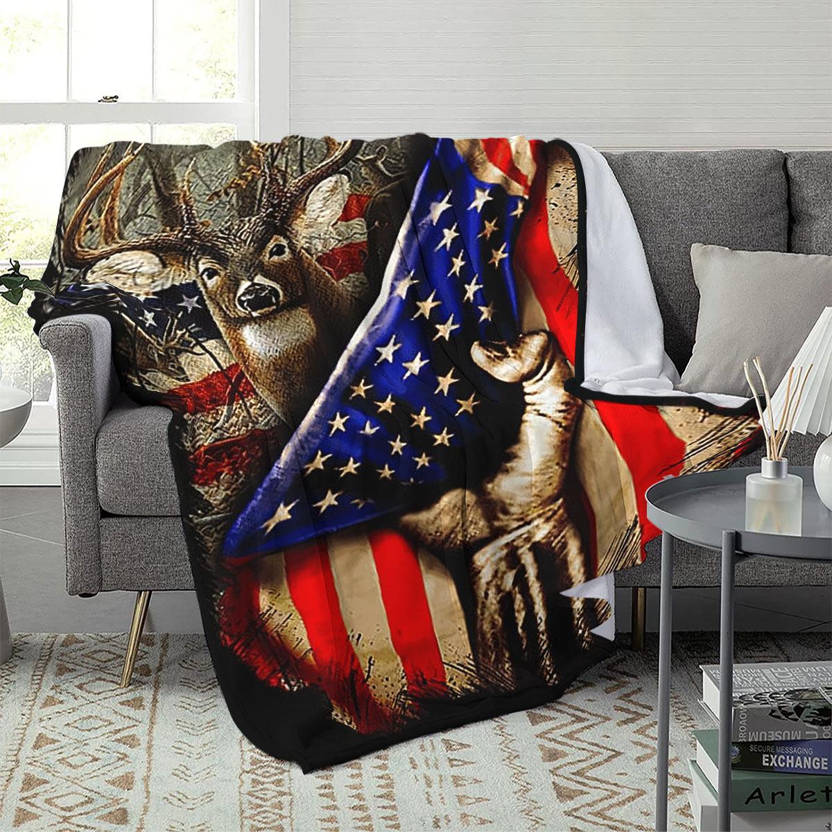 American Flag & Deer Pattern Blanket, 1 Count Soft Warm Throw Blanket, Lightweight Cozy Blanket, Air-conditioned Room Blanket, Warm Nap Blanket for Home & Office & Travel