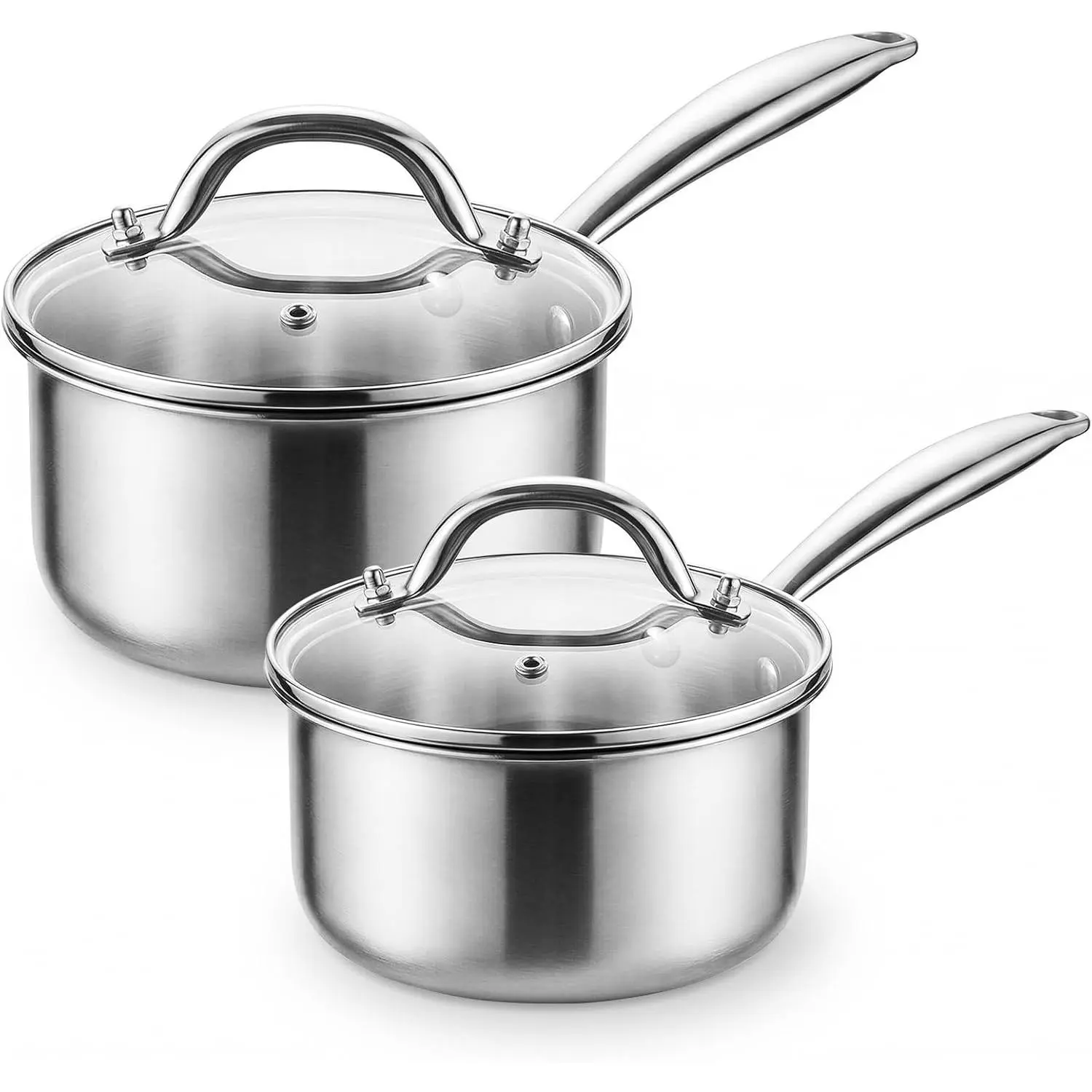 1.5QT & 2.5QT Tri-Ply Stainless Steel Saucepan Set with Glass Lid, Heavy Bottom Cooking Pots, Induction Ready, Stay-Cool Handles