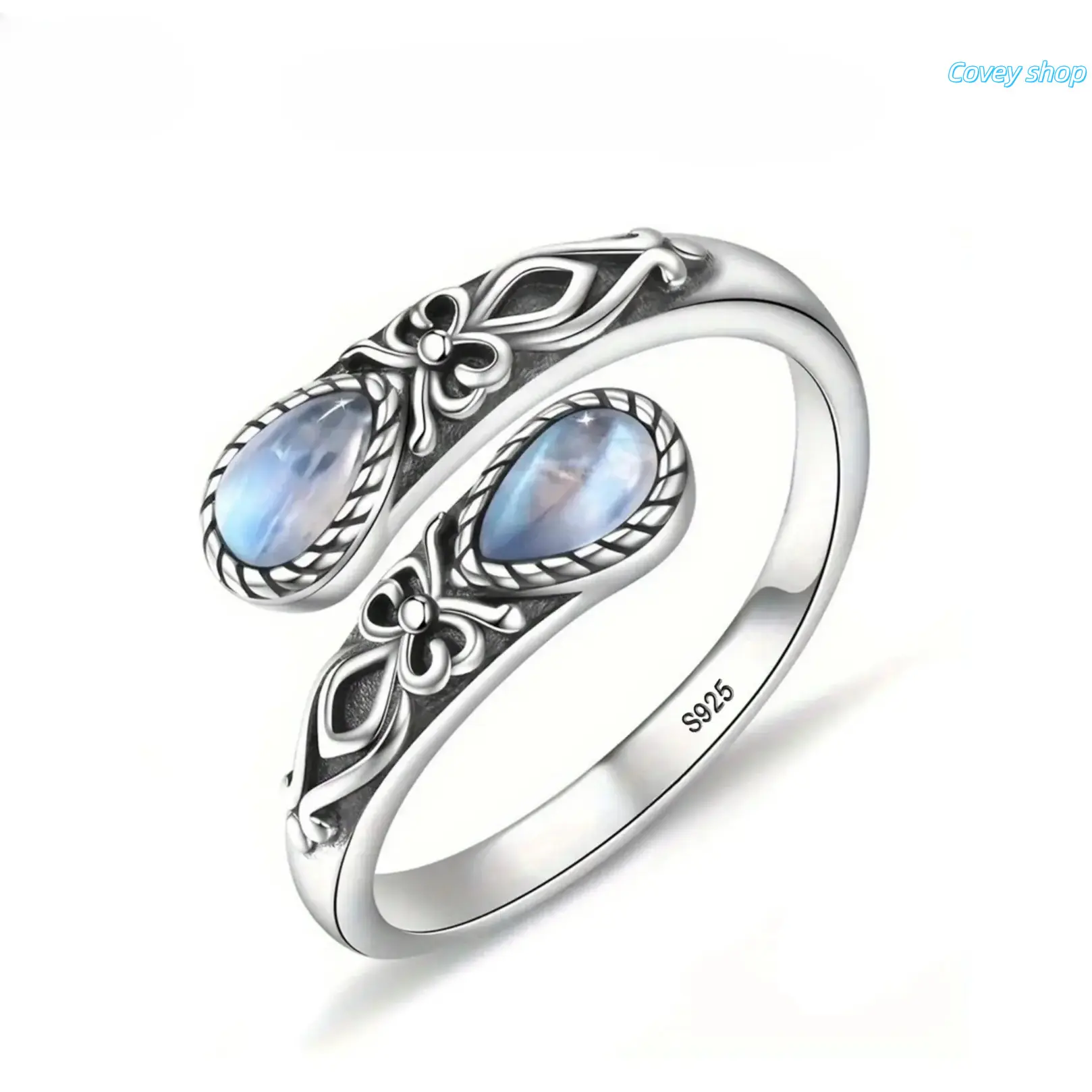 Vintage Floral Spiral Open Ring, 925 Sterling Silver With Pear Moonstone, Retro Carved Statement Jewelry, Minimalist Adjustable Accessory For Daily Wear, Ideal Birthday And Mother’s Day Gift For Women