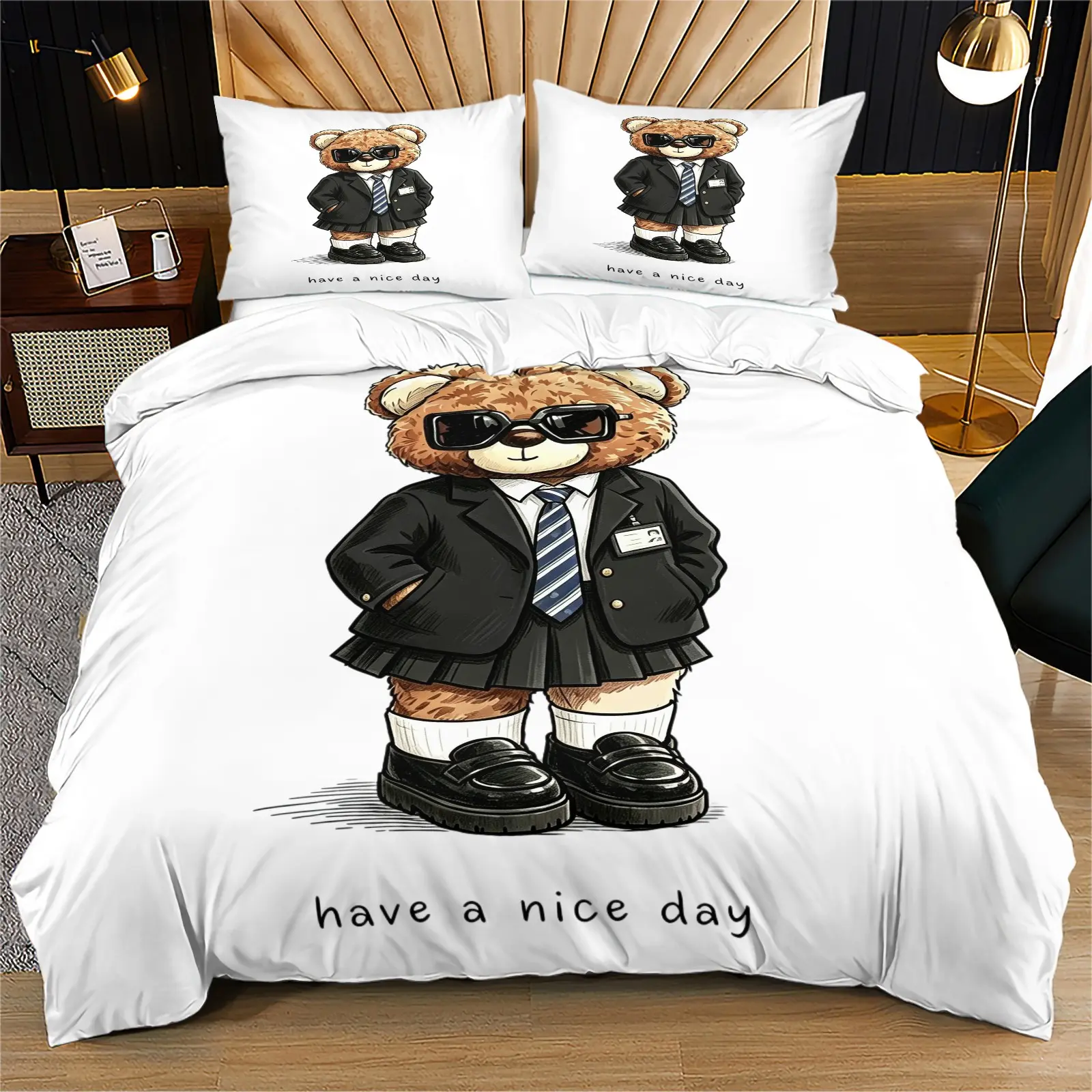 Little Bear Print Soft and Durable Bedding Set, Includes 1 Quilt Cover and 1 or 2 Pillowcases, Excluding Quilt Insert and Pillow Insert, Suitable as Gifts for Children or Adults, Modern Stylish Bedroom Bed Decor