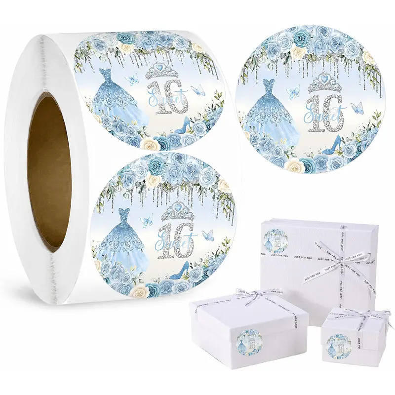 500Pcs Elegant 16th Birthday Stickers Featuring Blue Rose Crowns And Sparkling Dress Designs, Perfect For Party Gift Wrapping Labels And As A Perfect Decoration For Birthday Gifts
