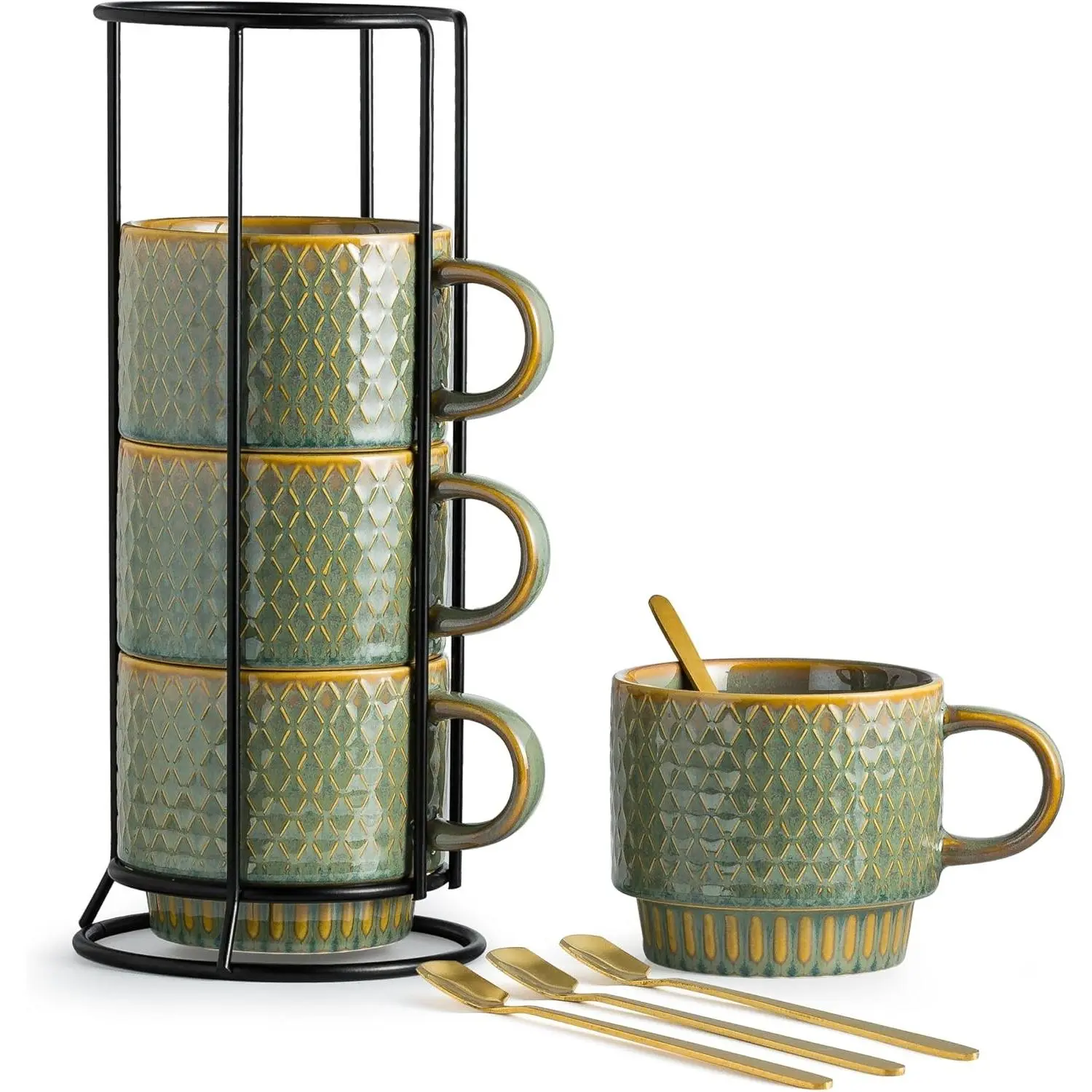 LYEOBOH 13 Oz Stainless Ceramic Coffee Mug Set (4-Piece) - Stackable Beverage Mugs with Rack and Spoons, Oven-Safe Home & Kitchen Cup Set, Blue and Green