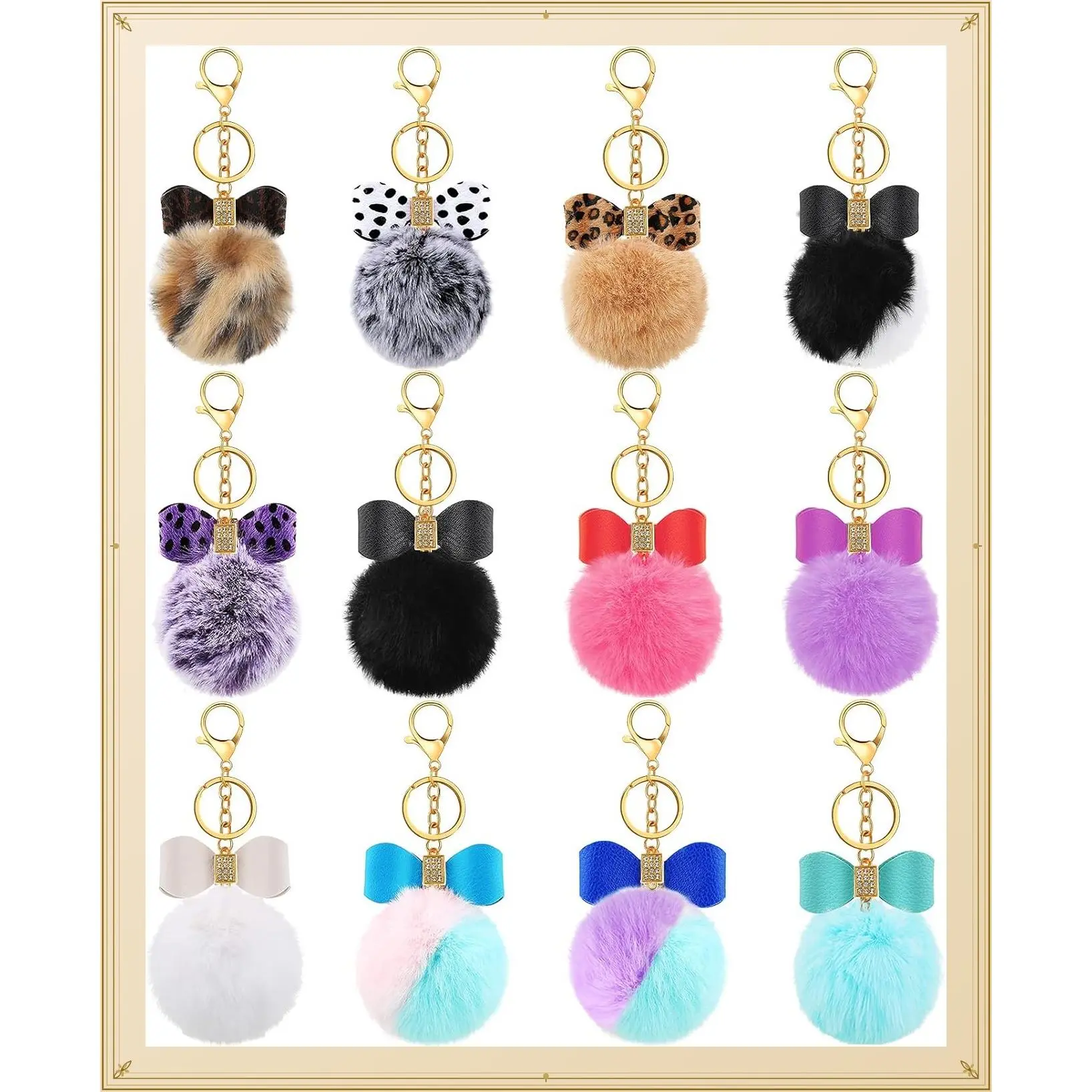 12 Pcs Fluffy Pom Pom Keychains with Rhinestone Bows - Bulk Purse Bag Charms for Handbags Crafts, Girls, Chic ColorsGift
