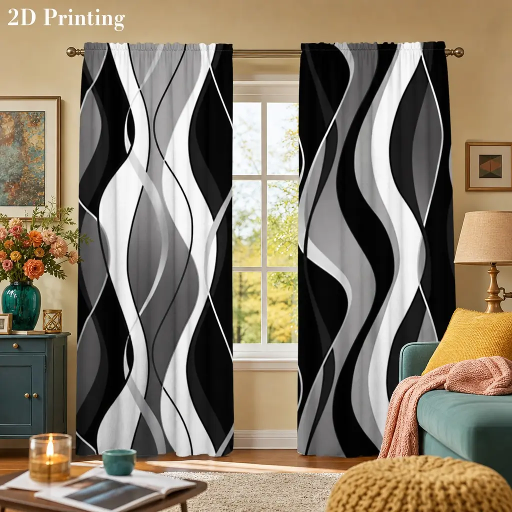 2 abstract art striped printed curtains, made of semi transparent polyester material, with stylish pole pockets suitable for bedrooms, offices, kitchens, living rooms, Home Decoration Curtain, Window Curtain, Semi Sheer Curtain, Home Decorative Curtain
