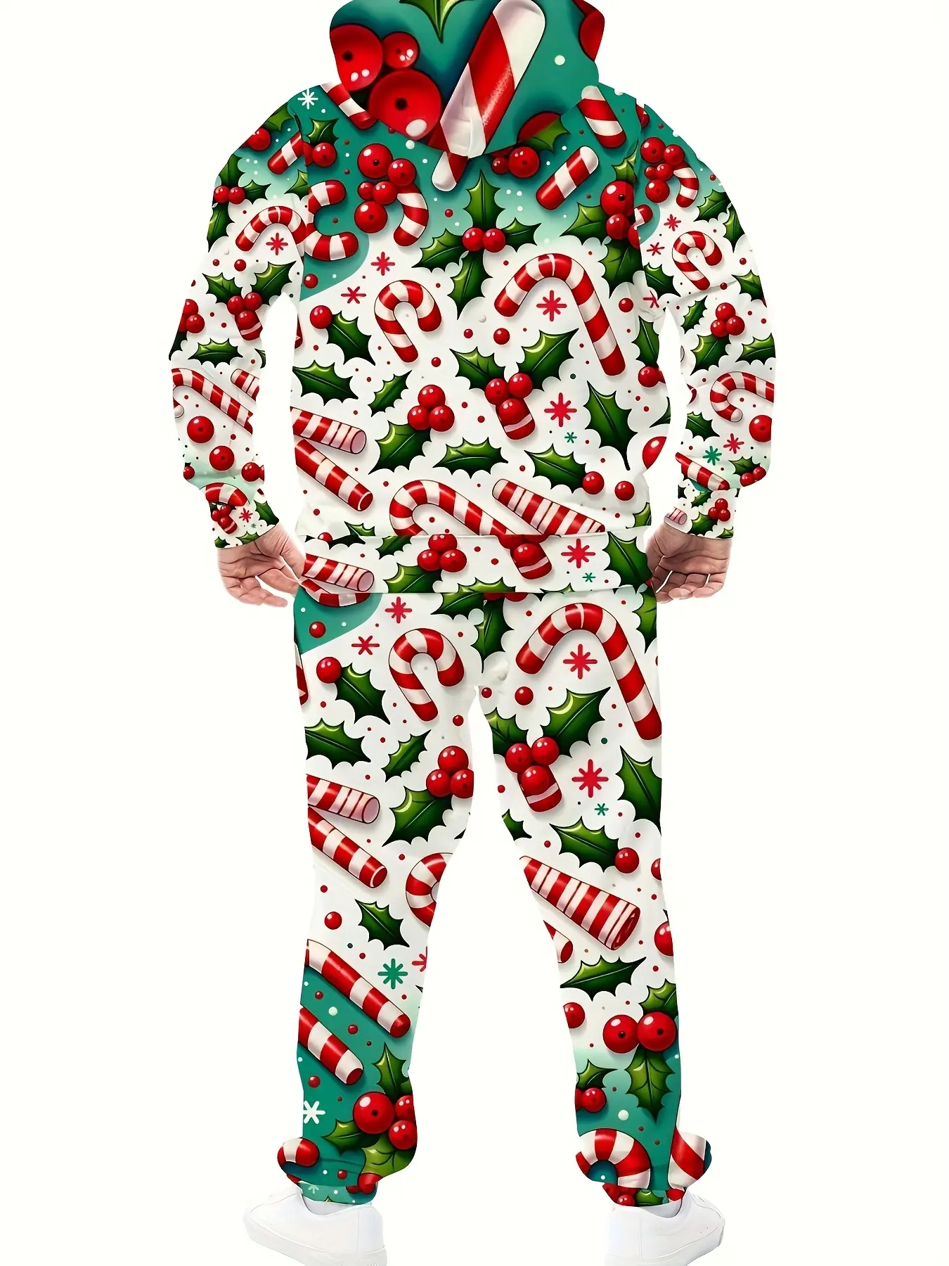 Pei Kuan Matching 2pcs Set, Men's Christmas Candy Canes Pattern 3D Print Hooded Sweatshirt and Joggers Outfit, Polyester Knit Fabric, Regular Fit with Light Stretch for Warm Casual Fall/Winter