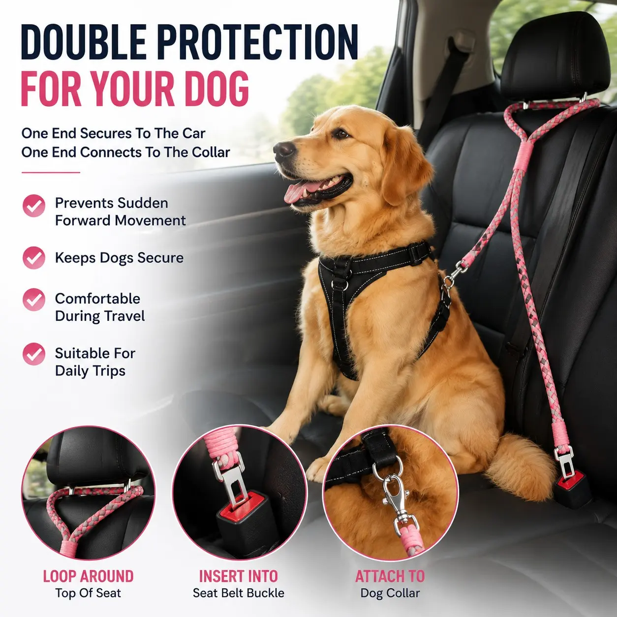 Pet Car Safety Belt Thick Dual Hook Fixing Device, Adjustable Dog Harness with Buckle, Universal Pet Car Safety Accessory for All Sizes