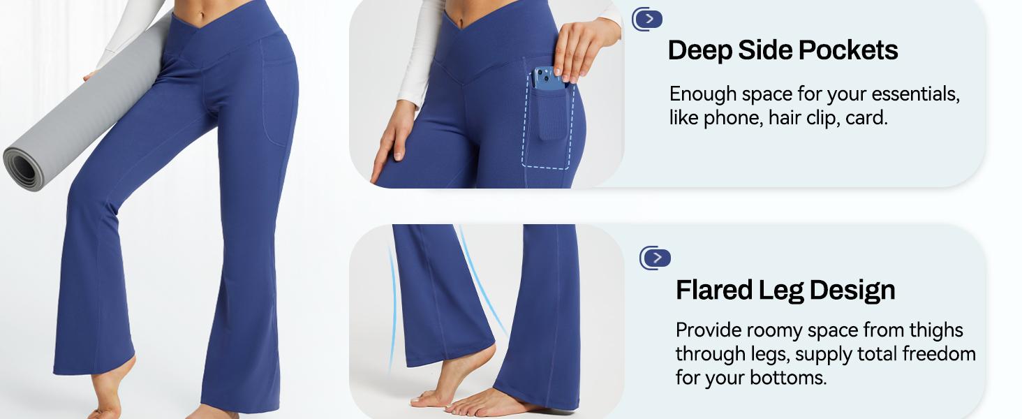 baleaf Petite-Fit Women's High-Waisted Knit Flared Pants-Crossover Waistband, Pockets, Breathable & Moisture-Wicking-Ideal for Yoga, Fitness, and Casual Wear [PC:dbh095]