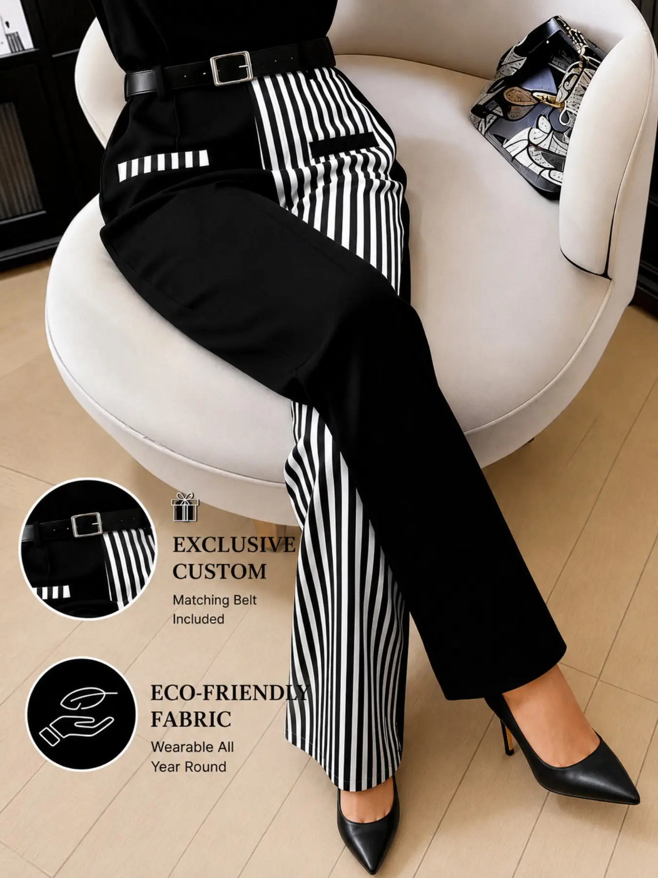 Plus Size Women’s Black White Contrast Straight Leg Pants with Belt, Minimalist Elegant Business Casual Trousers, Classy Casual Trousers for Office, Work and Daily Wear