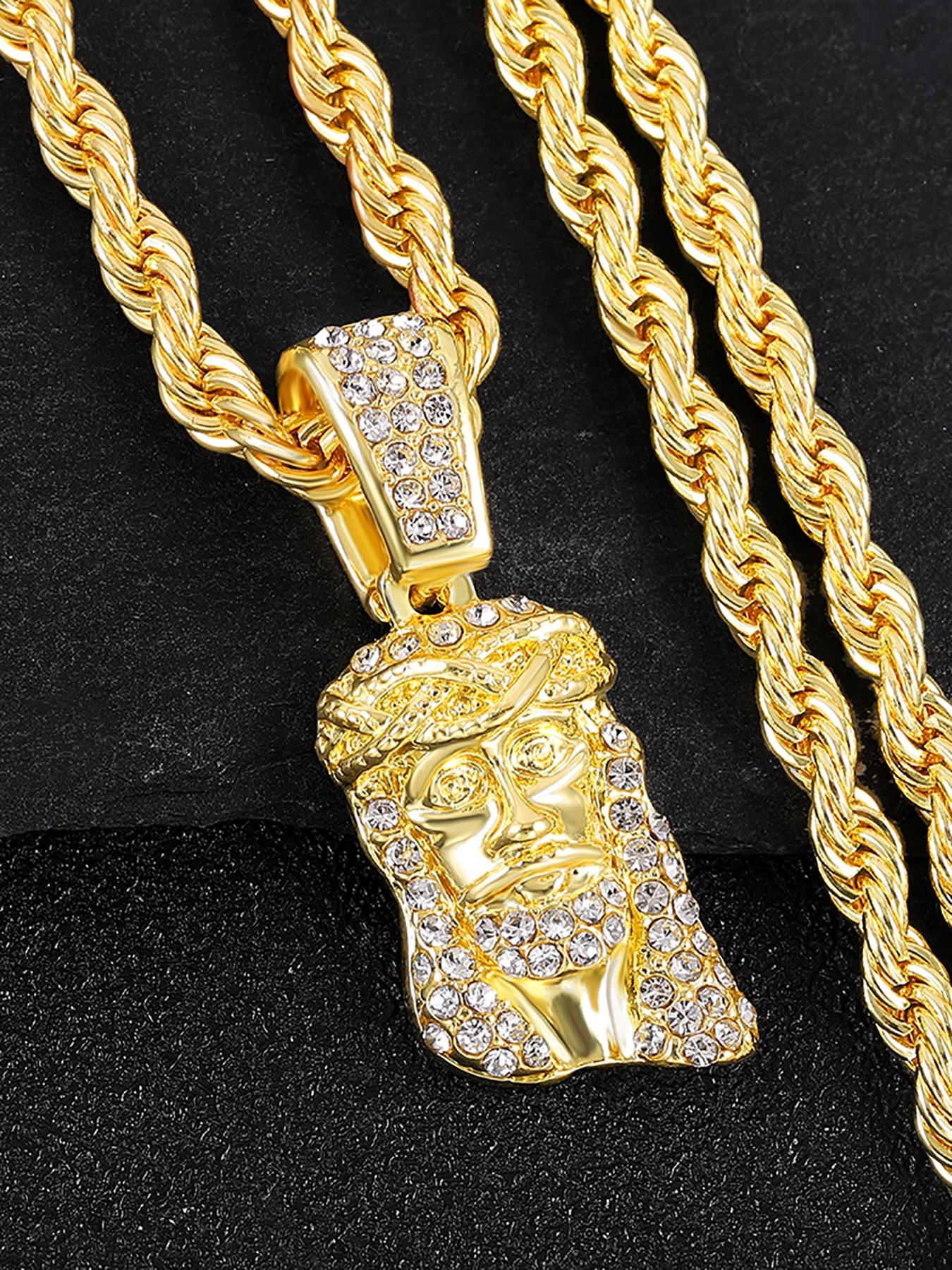 Jesus Head Pendant Necklace, Rhinestone Decor Cuban Link Chain Necklace, Fashion Jewelry for Party, Daily Clothing Decor, Trendy All-match & Exquisite Jewelry for Birthday Gift