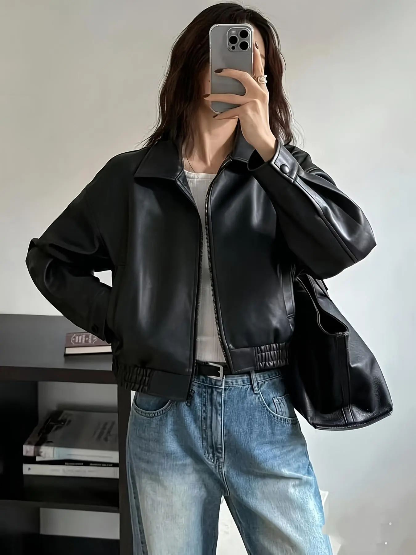 Women's Short Lapel Imitation Leather Pilot Jacket, Vintage Loose Zipper Elastic Hem Motorcycle Coat, Casual Streetwear Outerwear