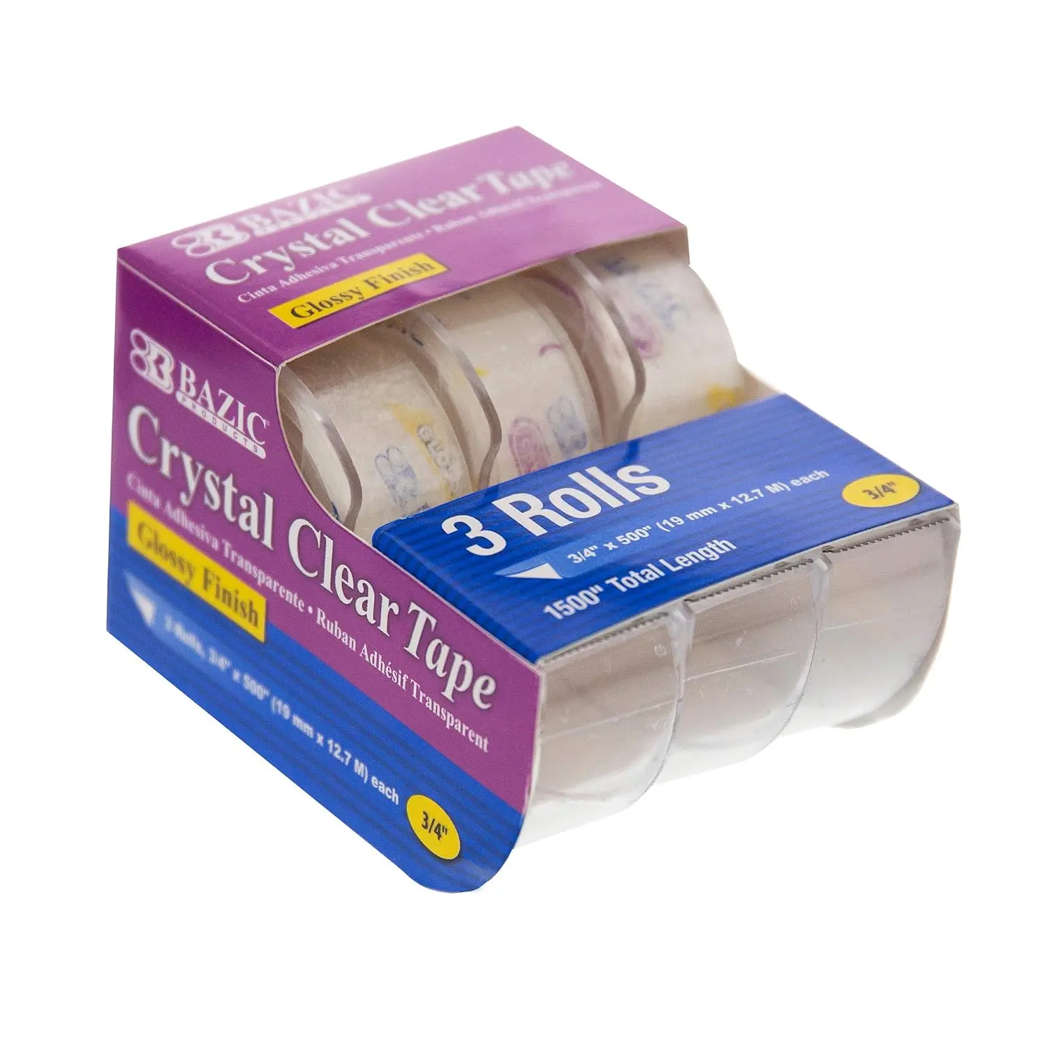 Clear Tape, 3/4 in x 500 in, 3 Ct | rolls of 3/4 in x 500 in glossy  clear tape, each in its own  dispenser