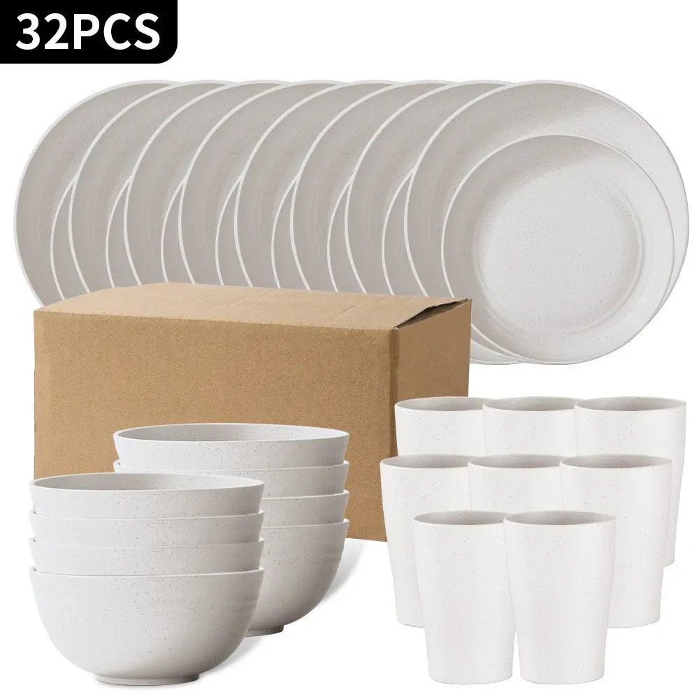 32-Piece Wheat Straw Dinner Set, Durable Dishwasher Safe, Ideal for Home, Parties, Holidays, Includes Plates, Cups, Dessert Dishes, Dinnerware Sets