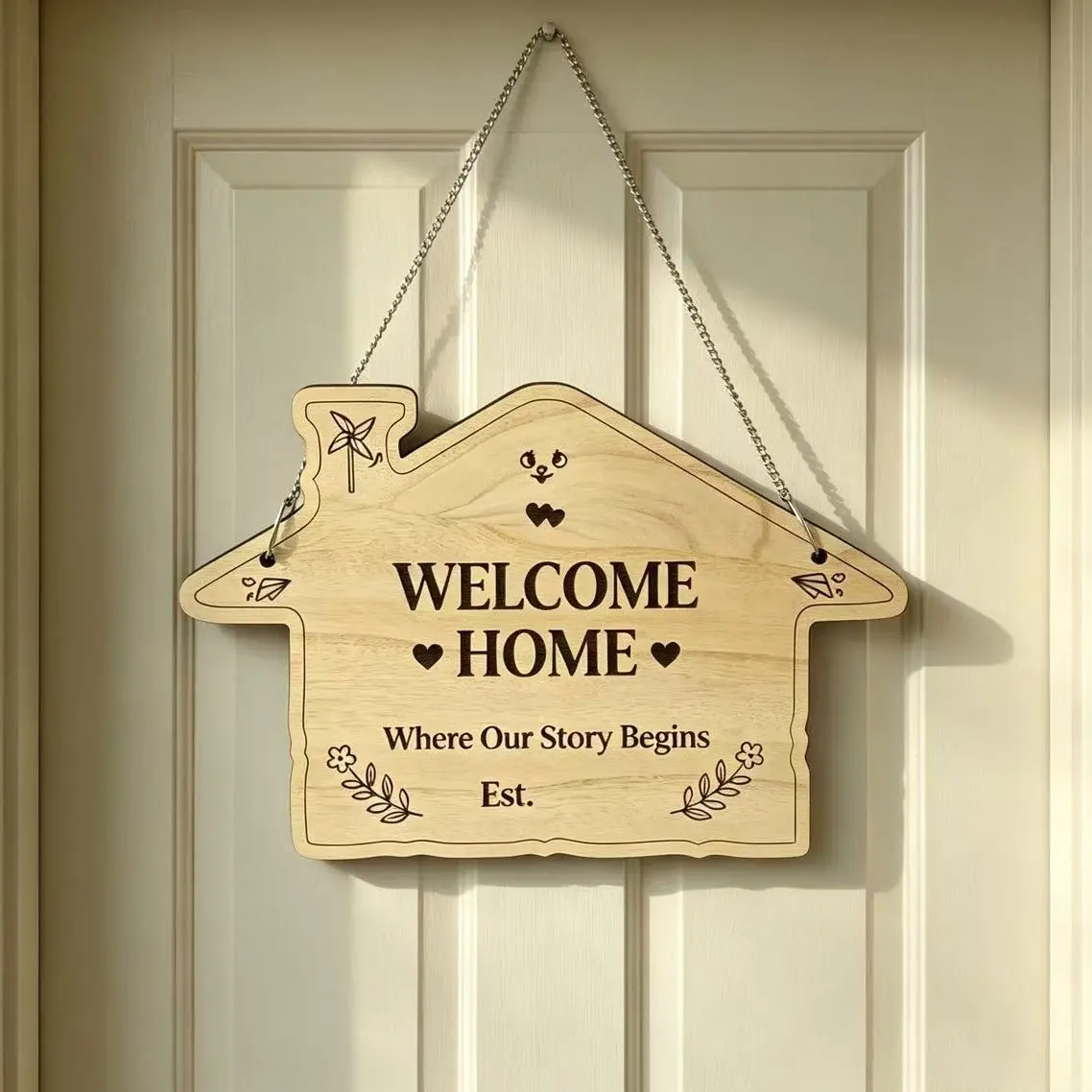Solid Wood Laser Engraved Sign, House Shape Welcome Home Decor, DIY Acrylic Hand Painted Year Plaque, Couple New Home Memorial Door Hanging