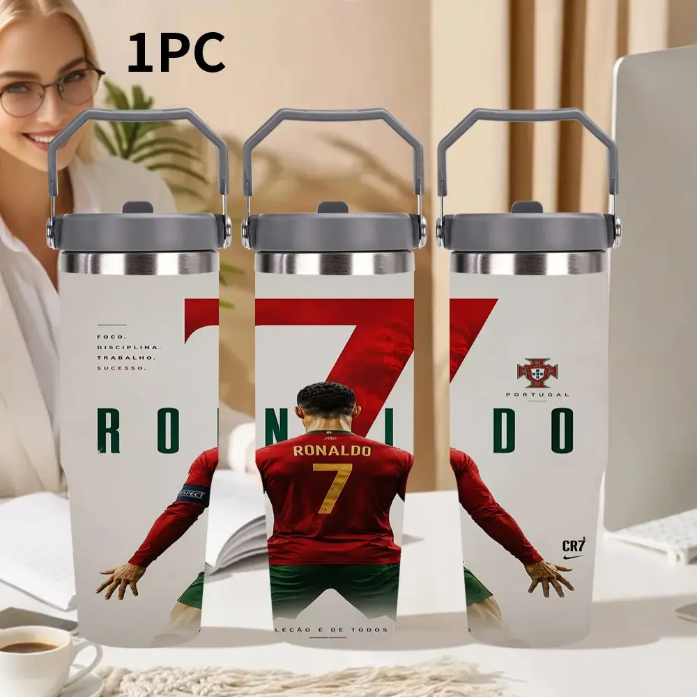 1pc 30oz/20oz Stainless Steel Insulated Water Bottle, Vacuum Thermos Bottle, Cristiano Ronaldo Pattern Design, Keeps Drinks Hot/Cold for Hours, Spill-Proof Travel Mug, Gift for Parents, Friends, Football Lovers