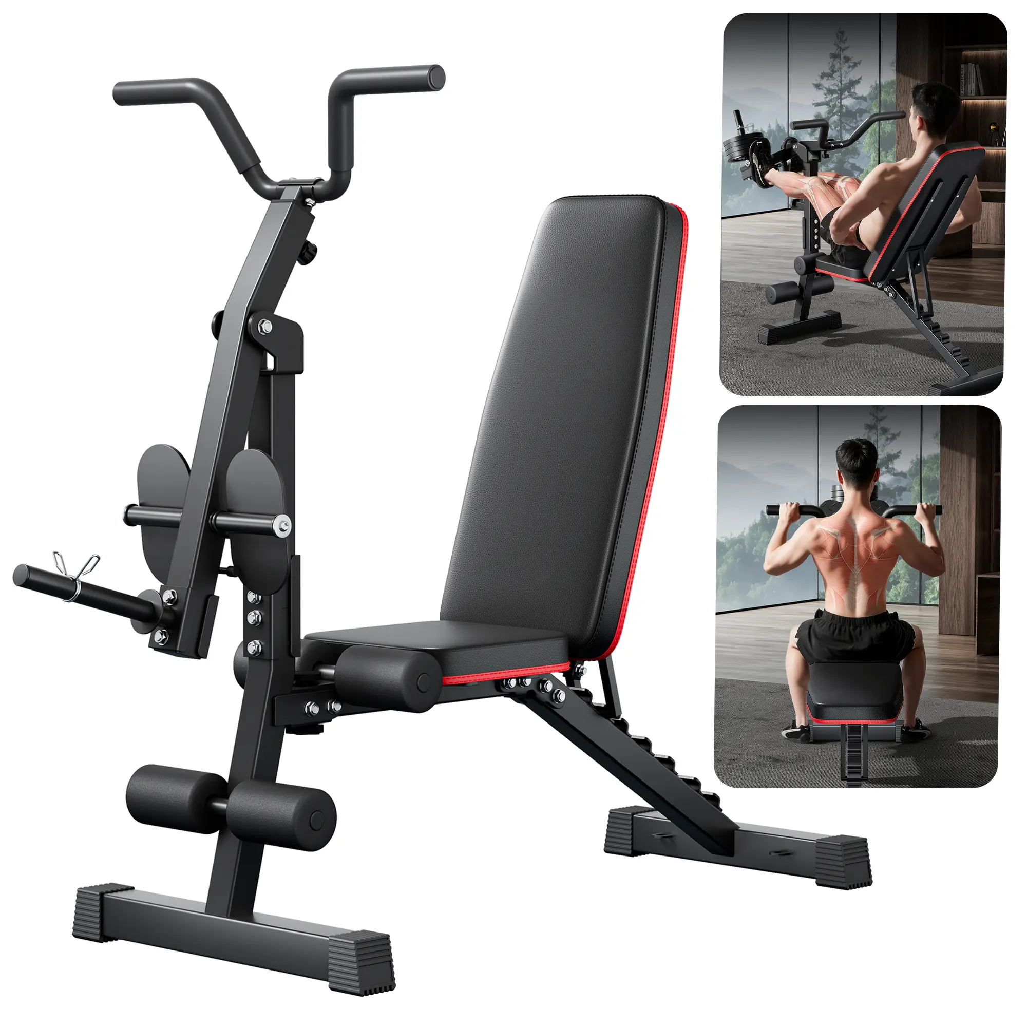 Nokaa Multi-Functional Adjustable Weight Bench for Home Gym, Heavy-Duty Steel Frame with Leg Kick and Back Pull-Down, Compact Strength Training Equipment for Apartment Garage, Red+Black, 52" D x 18.1" W x 55.1" H