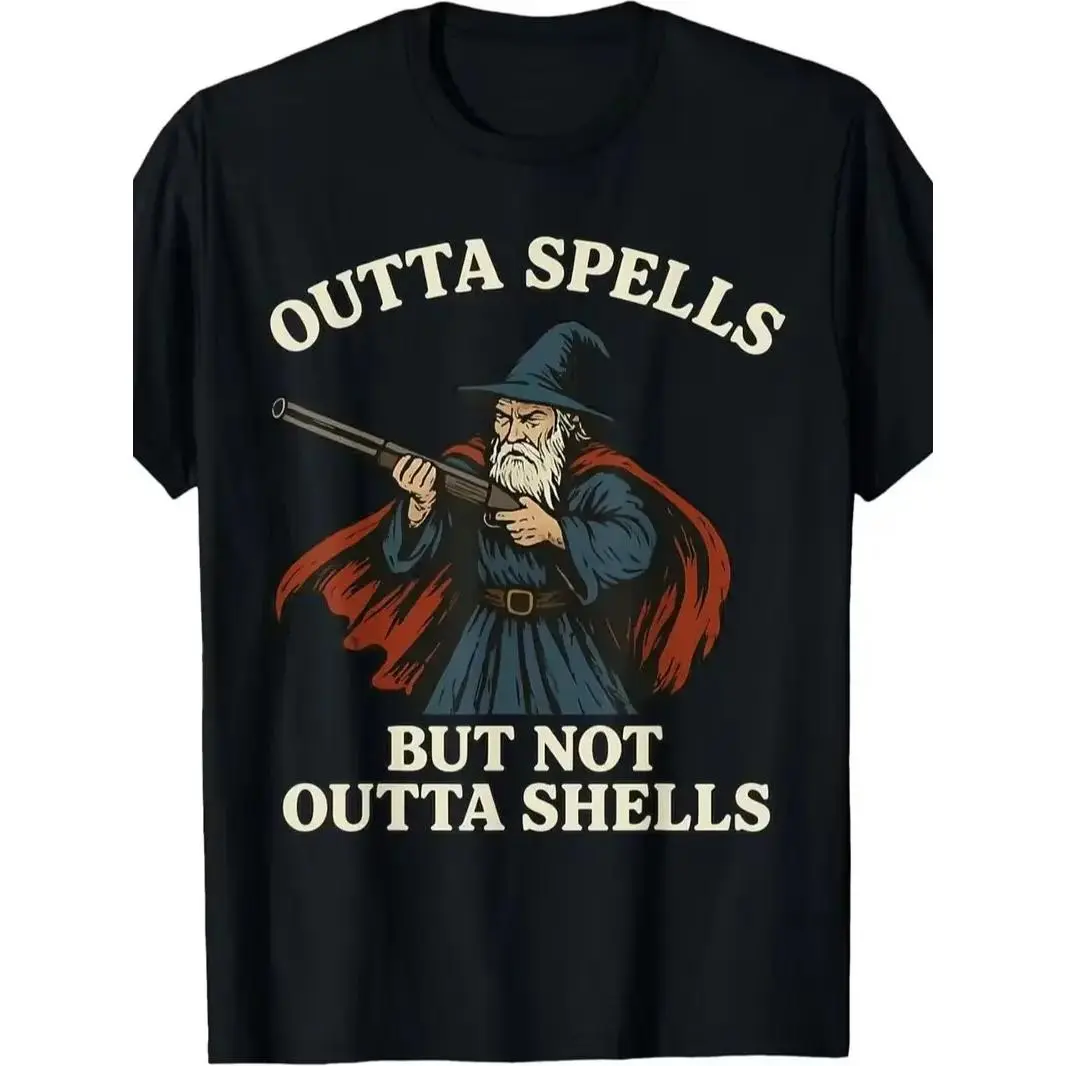 Outta Spells But Not Outta Shells Wizard Fantasy Meme T-Shirt |   Fashion Boutique, Casual Wear, Crew Neck, Vintage Style, Regular Fit, Slight Stretch Fabric, Drawing Pattern, Perfect for Adults