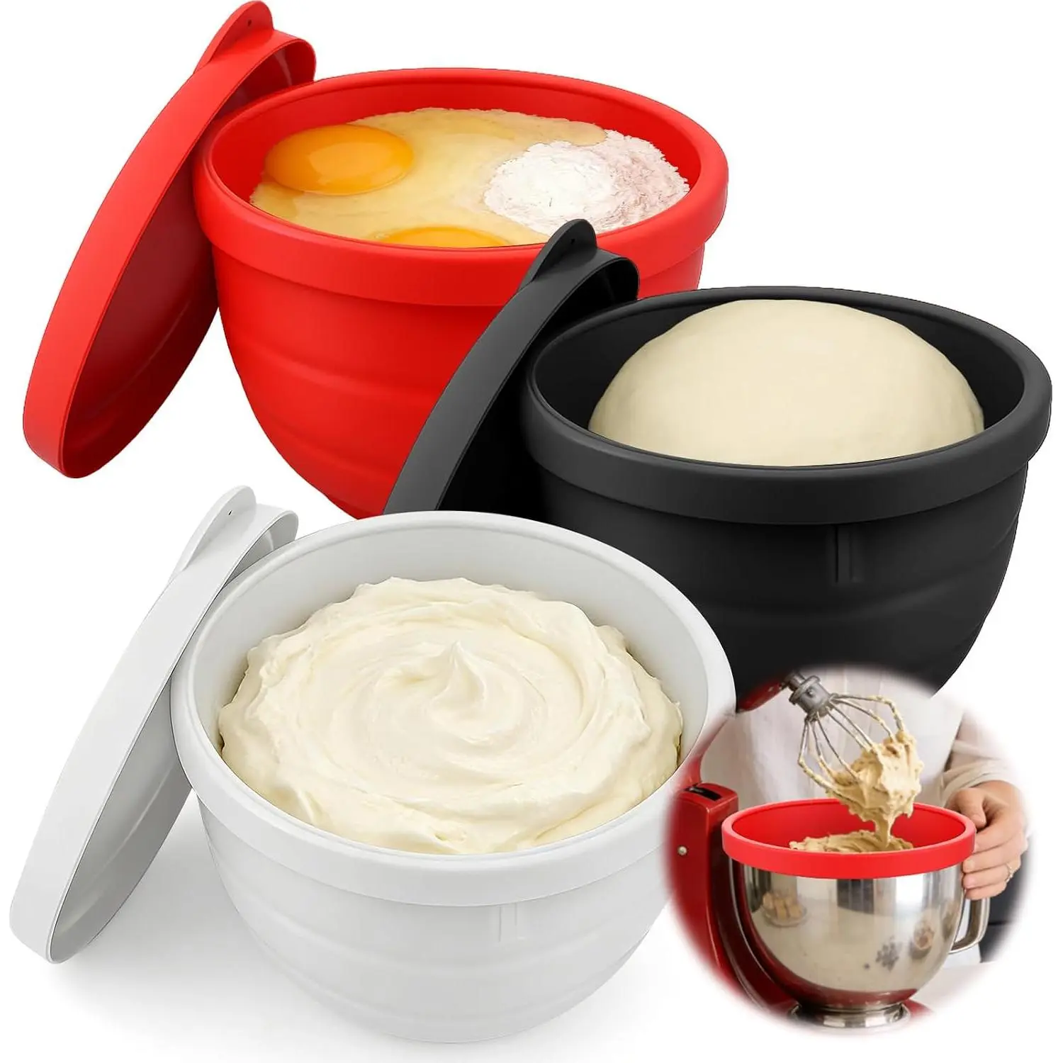 3 Pack Silicone Bowl Liners Compatible with 5 Quart KitchenAid Mixers - Thicker Silicone Mixing Bowl Inserts & Lids, Replacement Accessories for Kitchen aid Mixer, Dishwasher Safe