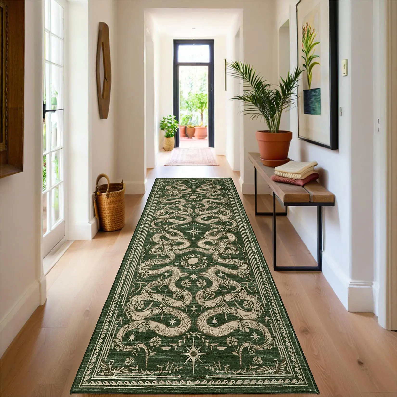 Washable Low-Pile Area Rug – Non-Slip, mark Resistant, Soft Lightweight Carpet for Living Room, Bedroom, Kitchen, Dining Room, Nursery, Office & Hallway – Modern Forest Snake Design – Dark Grey/Green, Multiple Sizes