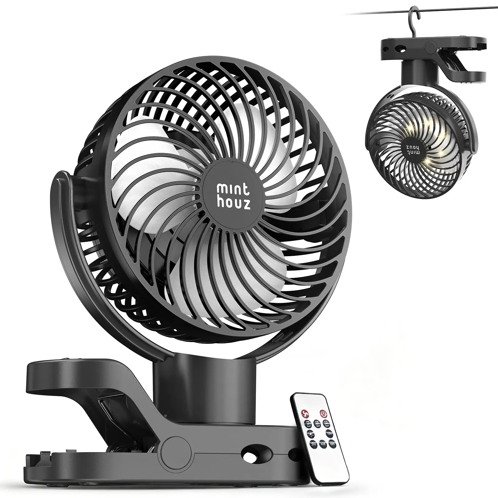 8000mAh Rechargeable Small Clip On Fan with 360° Auto Oscillation Portable Battery Powered Fan with Remote & LED Light, 38H Low Noise USB C Desk Fan for Outdoor Camping/Stroller/Home/Office