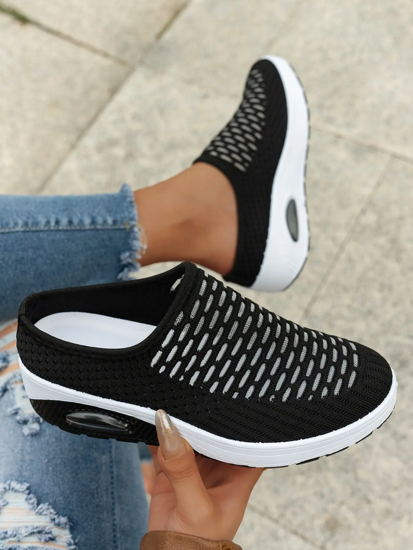 Women's New Summer Large Mesh Breathable Slip-On Sandals, No Heel Lazy One-Step On, Air Cushion Shock Absorption, Lightweight Flyknit Casual Shoes, Slip On Flats, No Tie Shoes