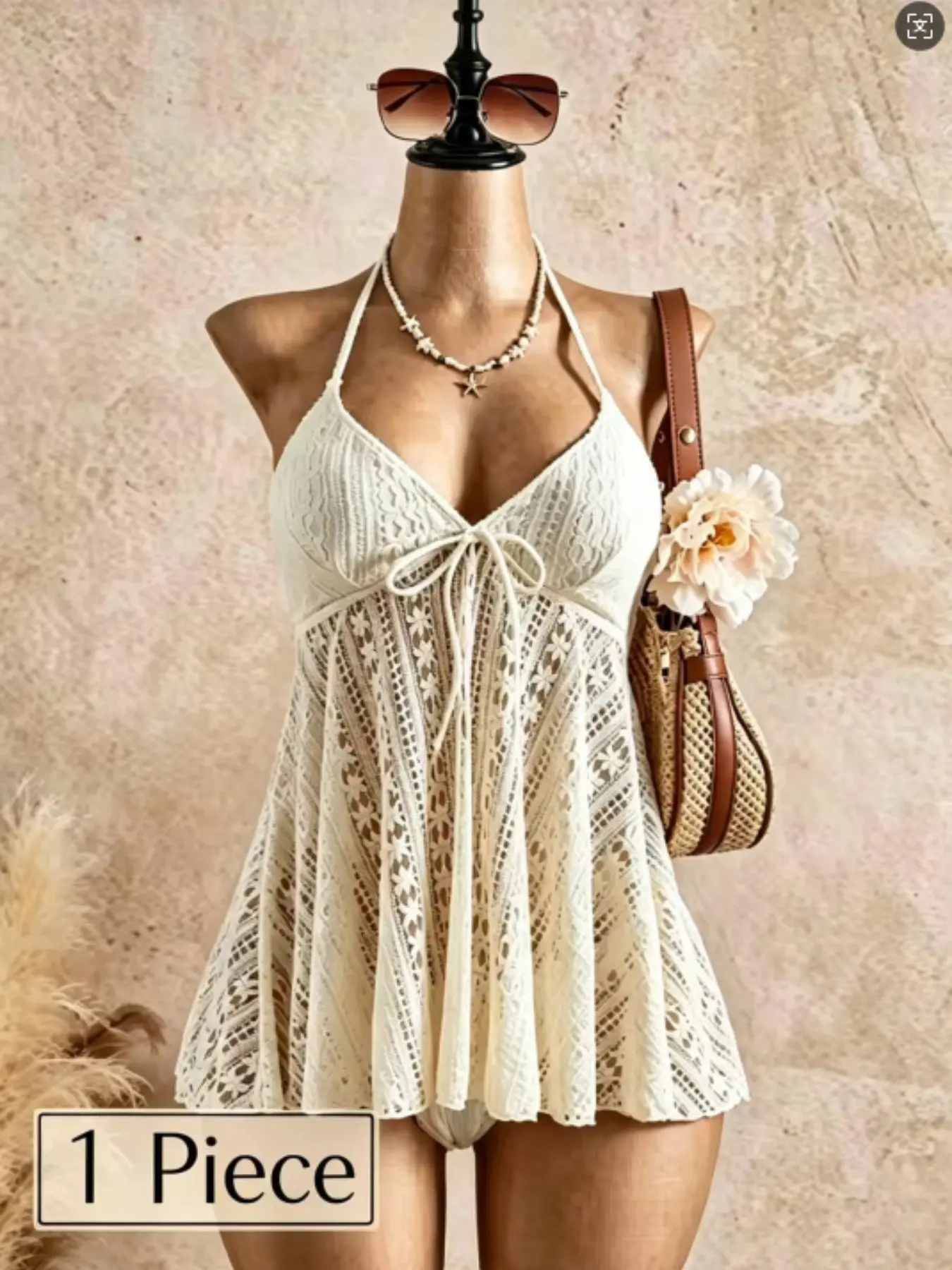 Women's Floral Lace Halter Neck Beach Dress, Sexy Summer Fashion, Perfect for Pool Parties and Vacations, Top Only, Solid Pattern