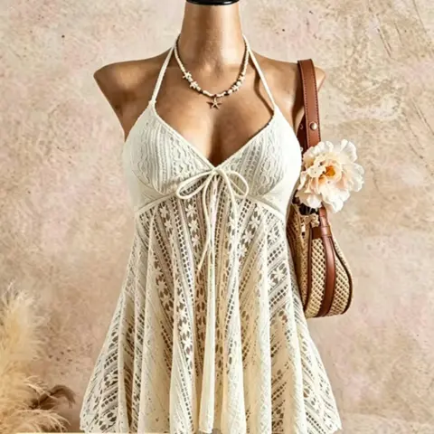 Women's Floral Lace Halter Neck Beach Dress, Swimsuit Coverup, Sexy Summer Fashion, Perfect for Pool Parties and Vacations, Top Only, Solid Pattern