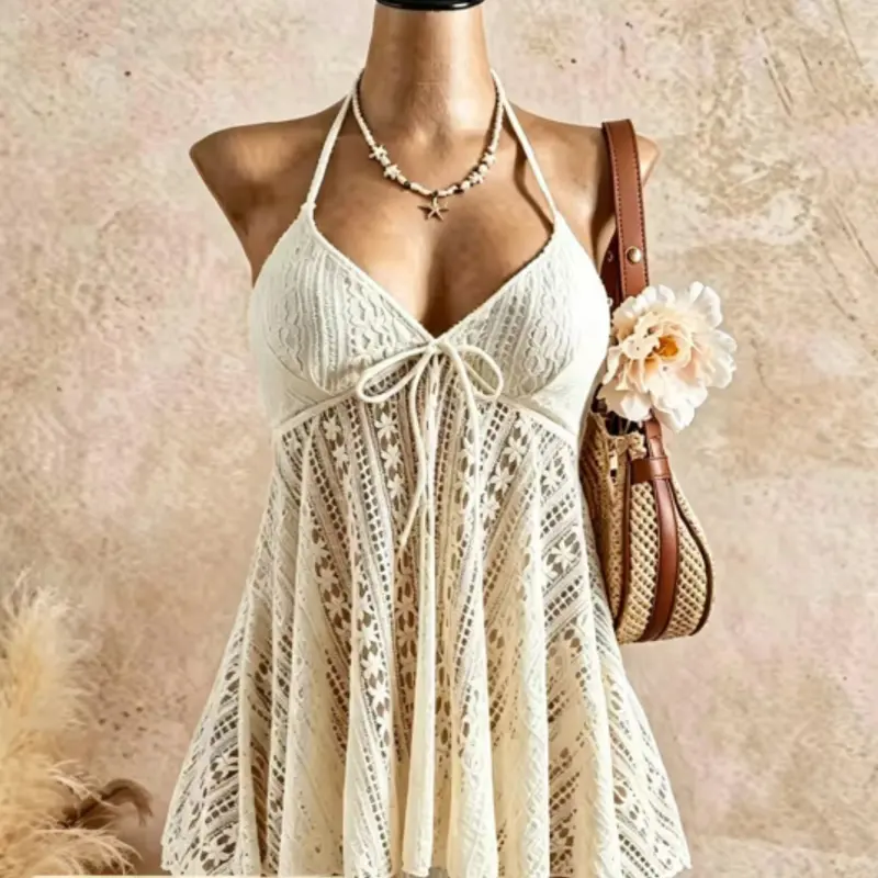 Women's Floral Lace Halter Neck Beach Dress, Swimsuit Coverup, Sexy Summer Fashion, Perfect for Pool Parties and Vacations, Top Only, Solid Pattern