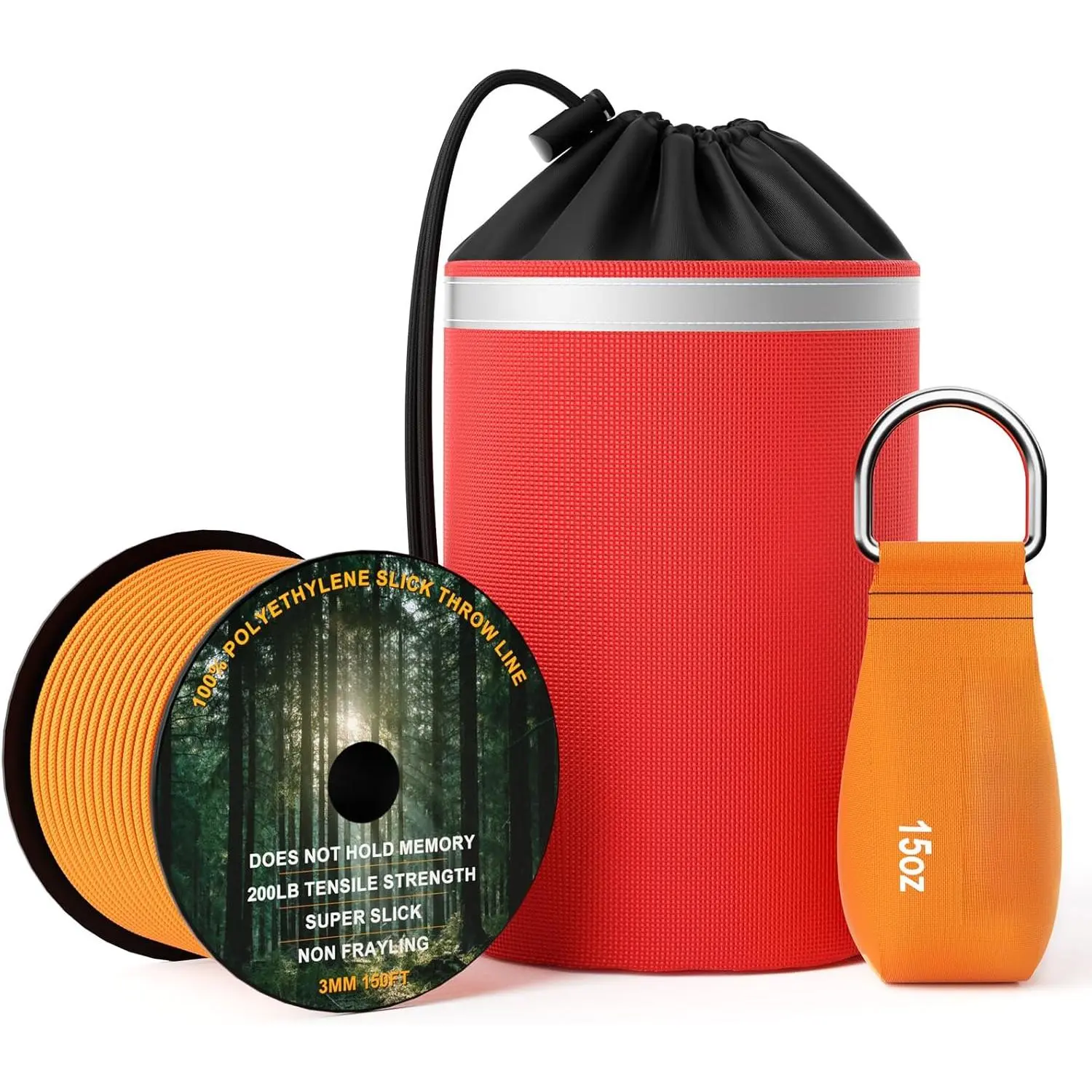 Arborist Throw Line Kit – 150ft Slick Rope & 9/11/15oz Throw Weight – Reflective Storage Bag –  Tree Climbing, Trimming, Camping – High/Low Limb Rigging – 200LB Tensile Strength