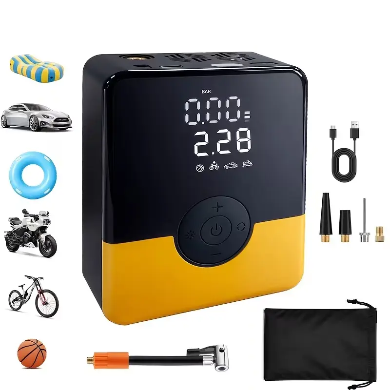 Compact Automatic Portable Tire Inflator Air Compressor with Digital Display, LED Light, USB Charging, Multi-Function Nozzle Adapter, Lithium Batteries, Suitable for Car/Motorcycle/Bicycle Tires, Basketballs, Camping Gear