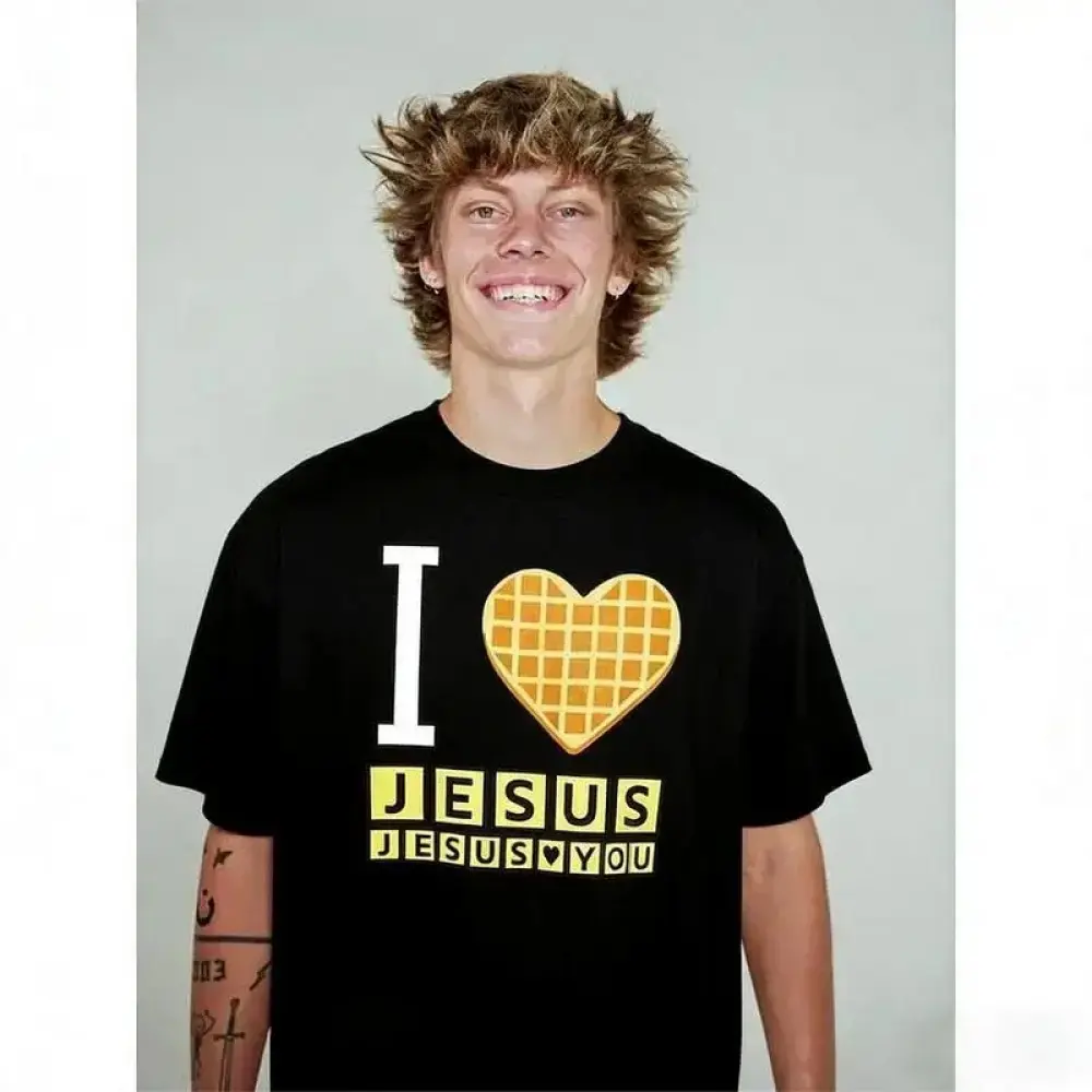 I Love Jesus Jesus Love You Waffle  Shirt, Bryce Crawford Merch, Christian Apparel Graphic Tee, Funny Christian Breakfast T-shirt, Unisex Casual   Inspirational Quote TShirt, TikTok Viral Unisex Com