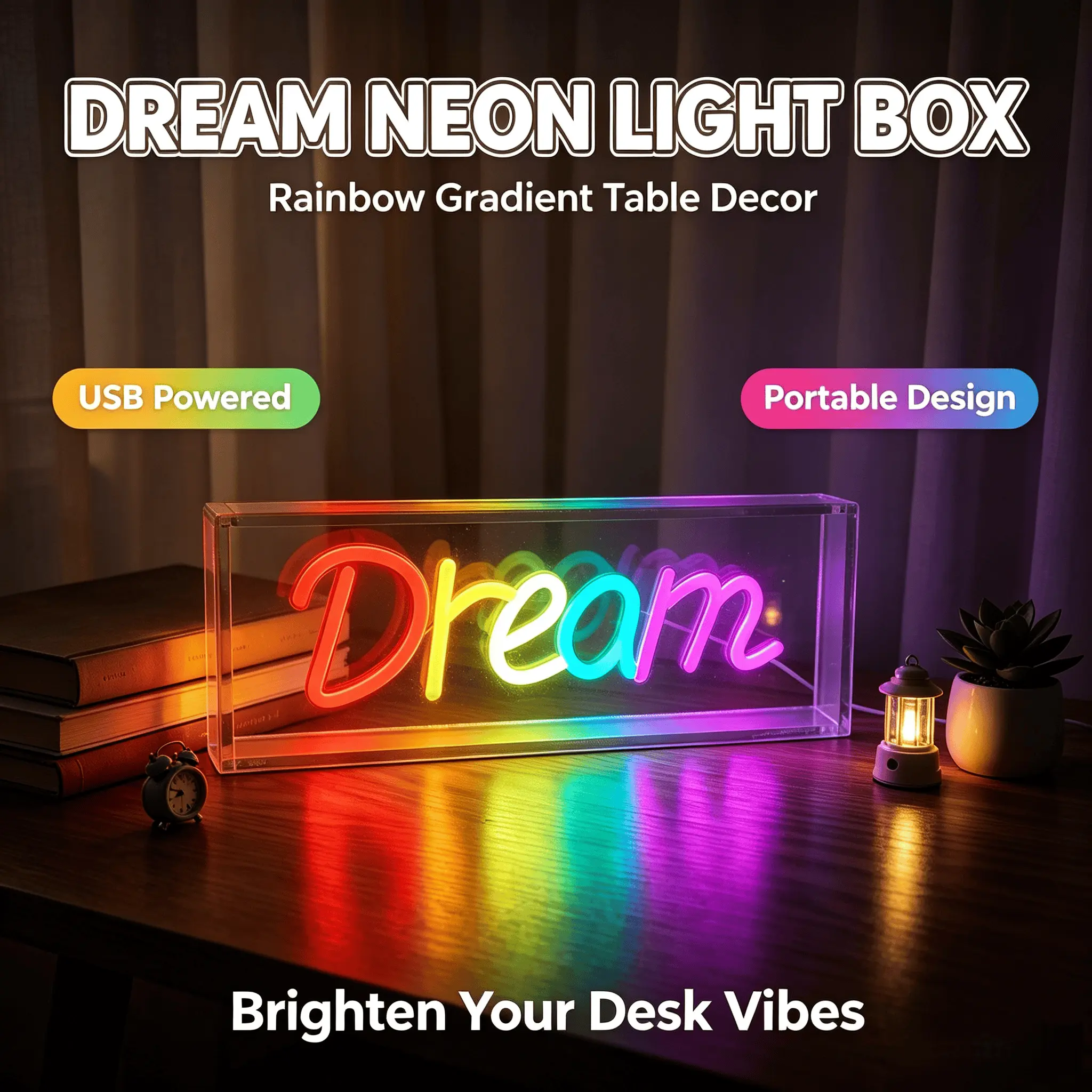 Dream Neon Sign Light  | Rainbow Gradient USB Powered LED Neon Light, Portable Tabletop Decor for Bedroom Desk Dorm Office Kids Room Inspirational Birthday Gift