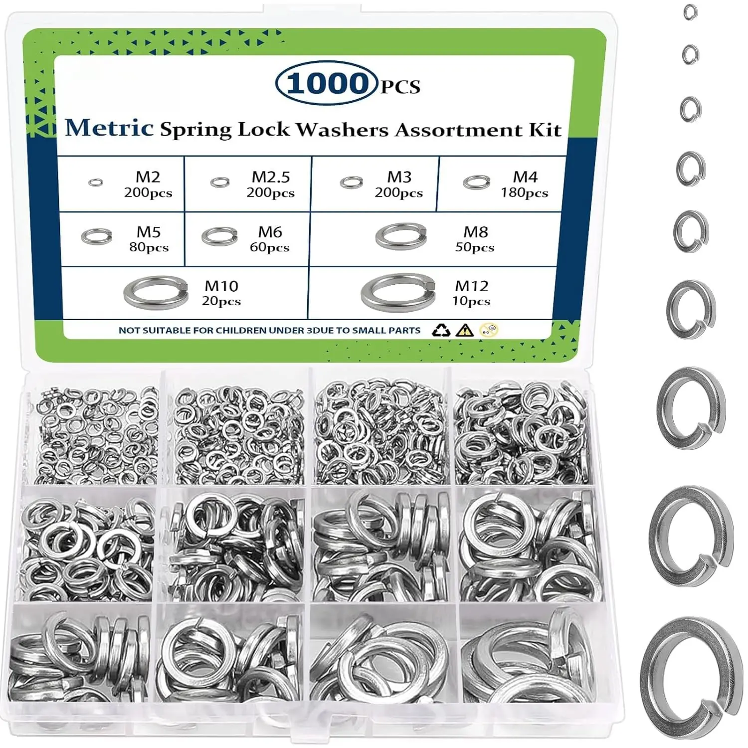 M2-M12 Split Lock Washer  kit 304 SS Spring Washer 1000 count | M2 M2.5 M3 M4 M5 M6 M8 M10 M12 Metric split washer set, 304 stainless steel locking washers for screws