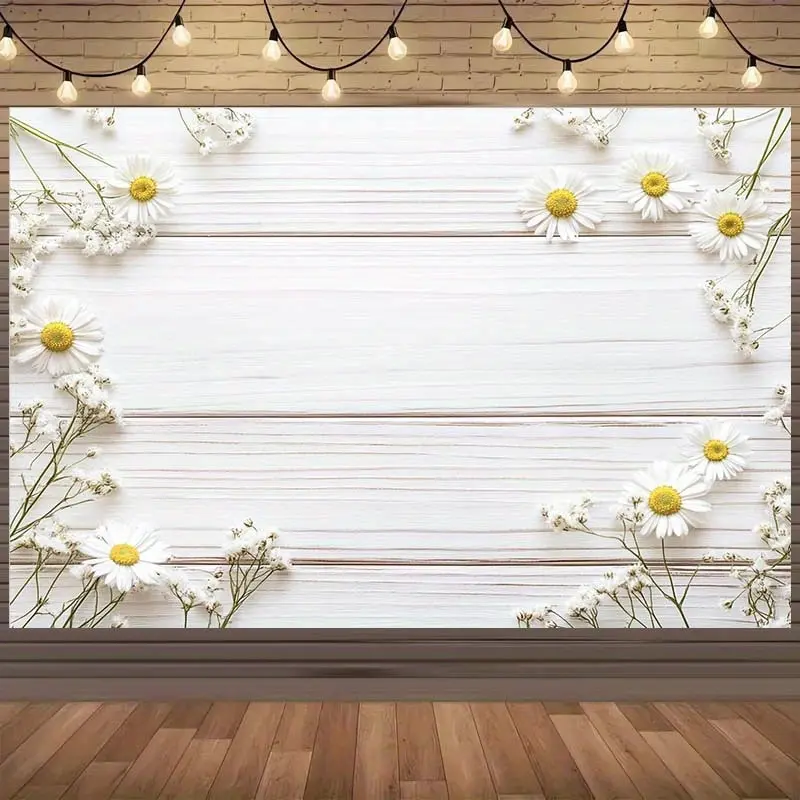 1 Piece Daisy Flower Wooden Backdrop Banner, Polyester Gender Neutral Festive Decor with White Daisies & Natural Ambiance, Outdoor Celebration Photo Prop & Home Party Supply, Gender Neutral Festive Backdrops & Banners