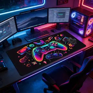 Neon Game Controller Graffiti Gaming Mouse Pad, Gaming Room Accessories, Non-Slip Rubber Base Stitched Lock Edge Desk Mat, RGB Aesthetic Design Desk Pad, for Home Office & Gaming Setup, Non Slip Mousepad, Computer Mouse Pad