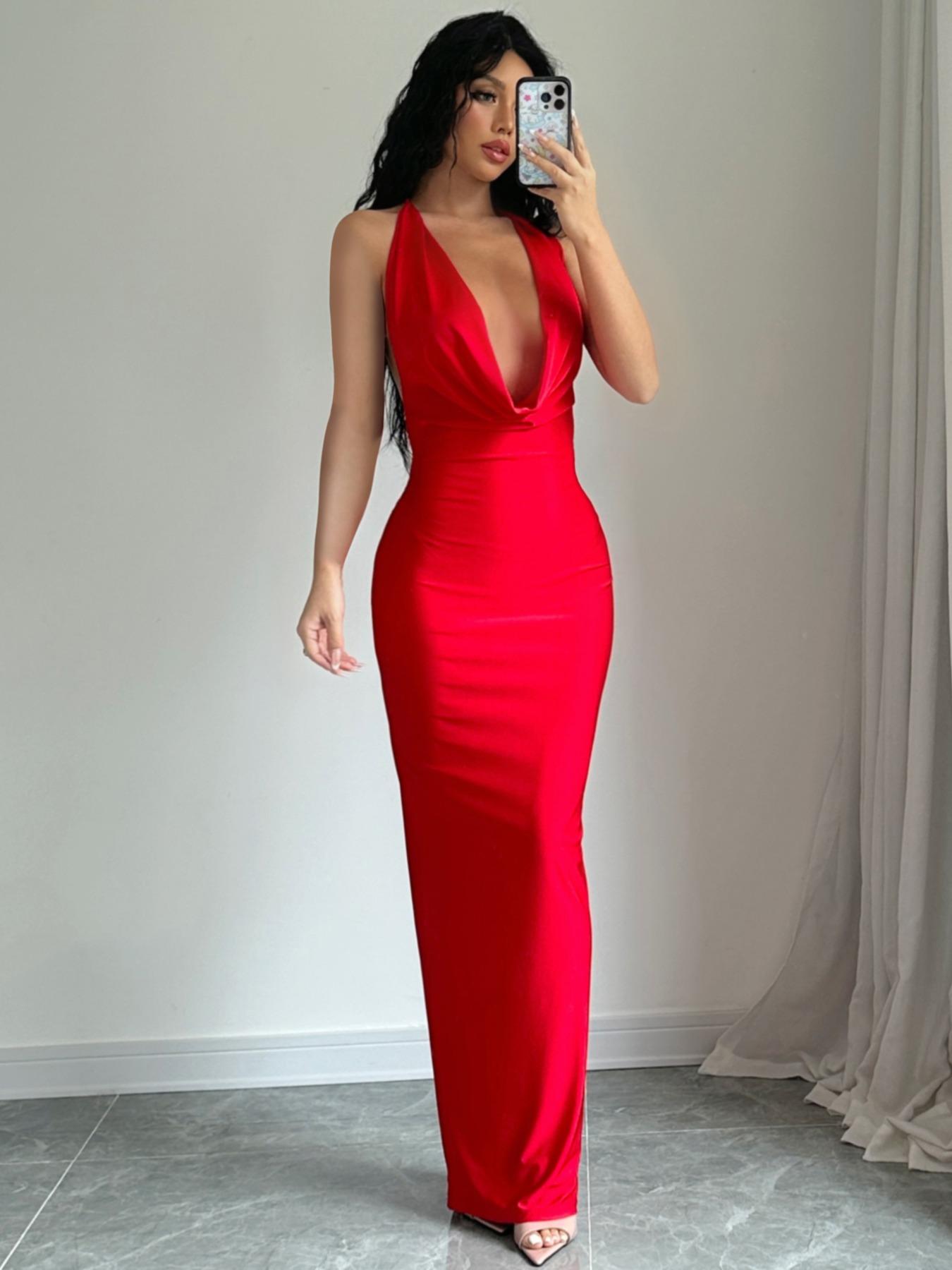 Women's Solid Backless Draped Tie Back Satin Dress, Fashion Halter Neck Sleeveless Long Bodycon Dress for Evening Party, Summer Outfits 2026, Ladies Summer Clothes