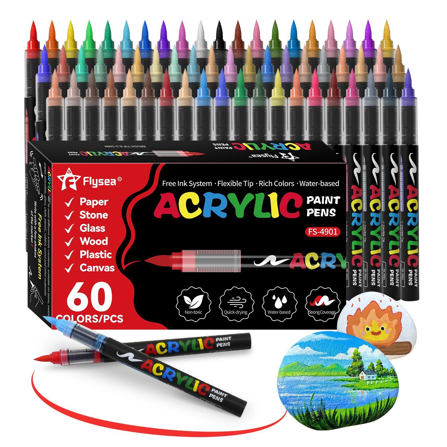 Acrylic Paint Pen Set, 60pcs/set Waterproof & High Saturation Acrylic Paint Marker Pen, DIY Art Supplies for Wood, metallic, Plastic, Canvas, Fabric, Glass, Ceramic