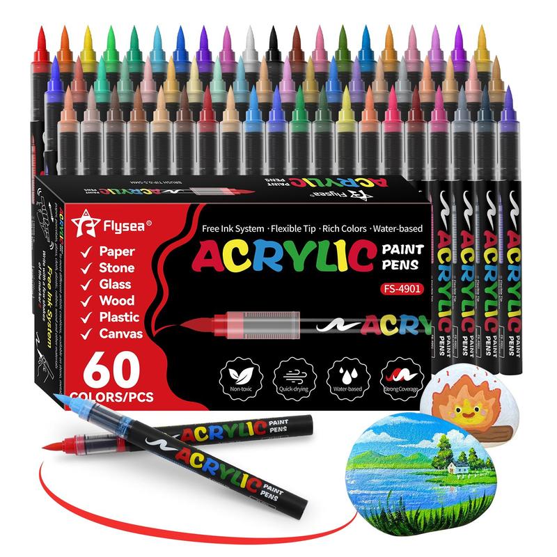 Acrylic Paint Pen Set, 60pcs/set Waterproof & High Saturation Acrylic Paint Marker Pen, DIY Art Supplies for Wood, metallic, Plastic, Canvas, Fabric, Glass, Ceramic