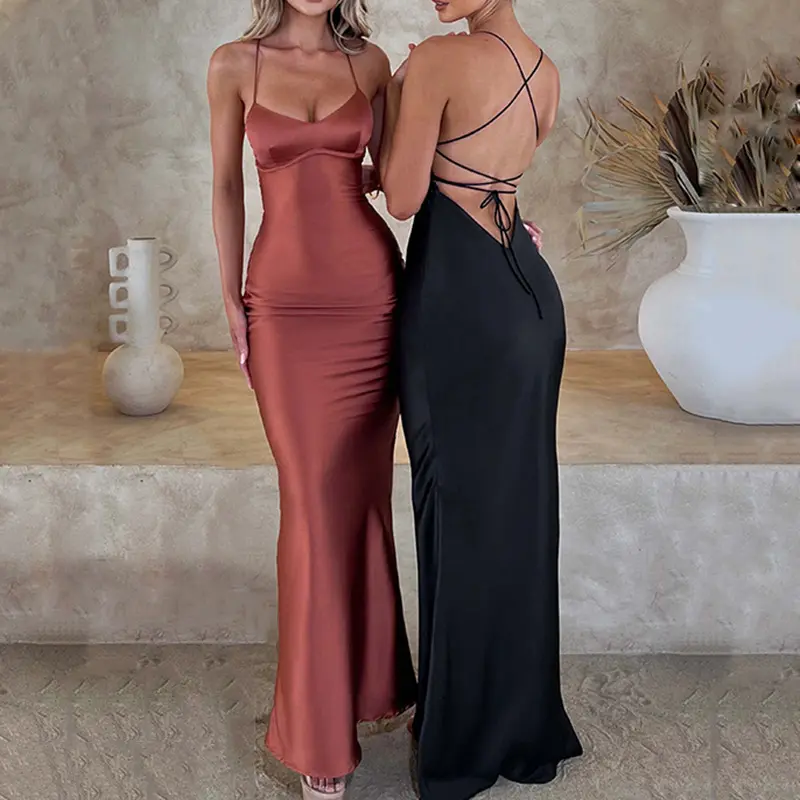 Women's 2026 Ocean-Style Fall New Arrival Satin Cami Maxi Dress - Sexy Back Tie, Open Back, Waist-Cinch Casual Fashion Long Dress, Maxi Dresses