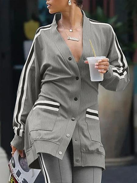 Women's Loose-Fit Striped Jacket,  Long Sleeve Coat, Fall & Winter Fashion Outerwear for Women