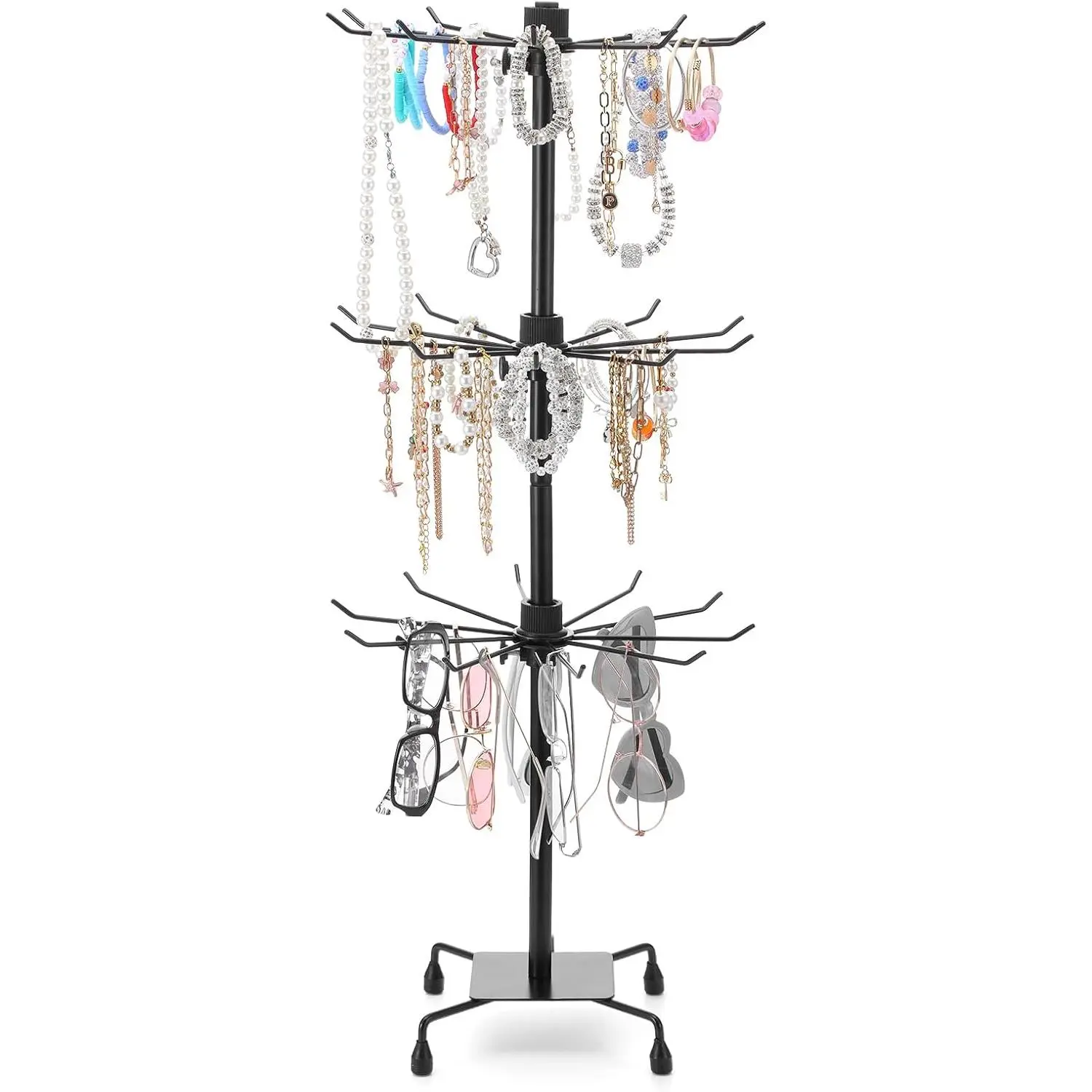 3-Tier Rotating Display Stand, Matte Black Metal  Tree Stand with Hooks, Adjustable Height Retail Display Rack for Vendor Events, Craft Shows (28" H, 11.8" Dia)