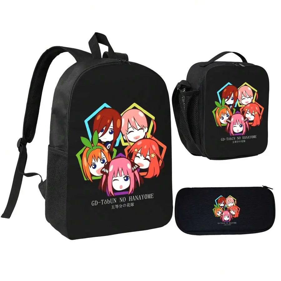 Hexagonal border five-sister Q-version print three-piece set: school bag, insulated food tray, stationery pouch, suitable for primary and middle school learners