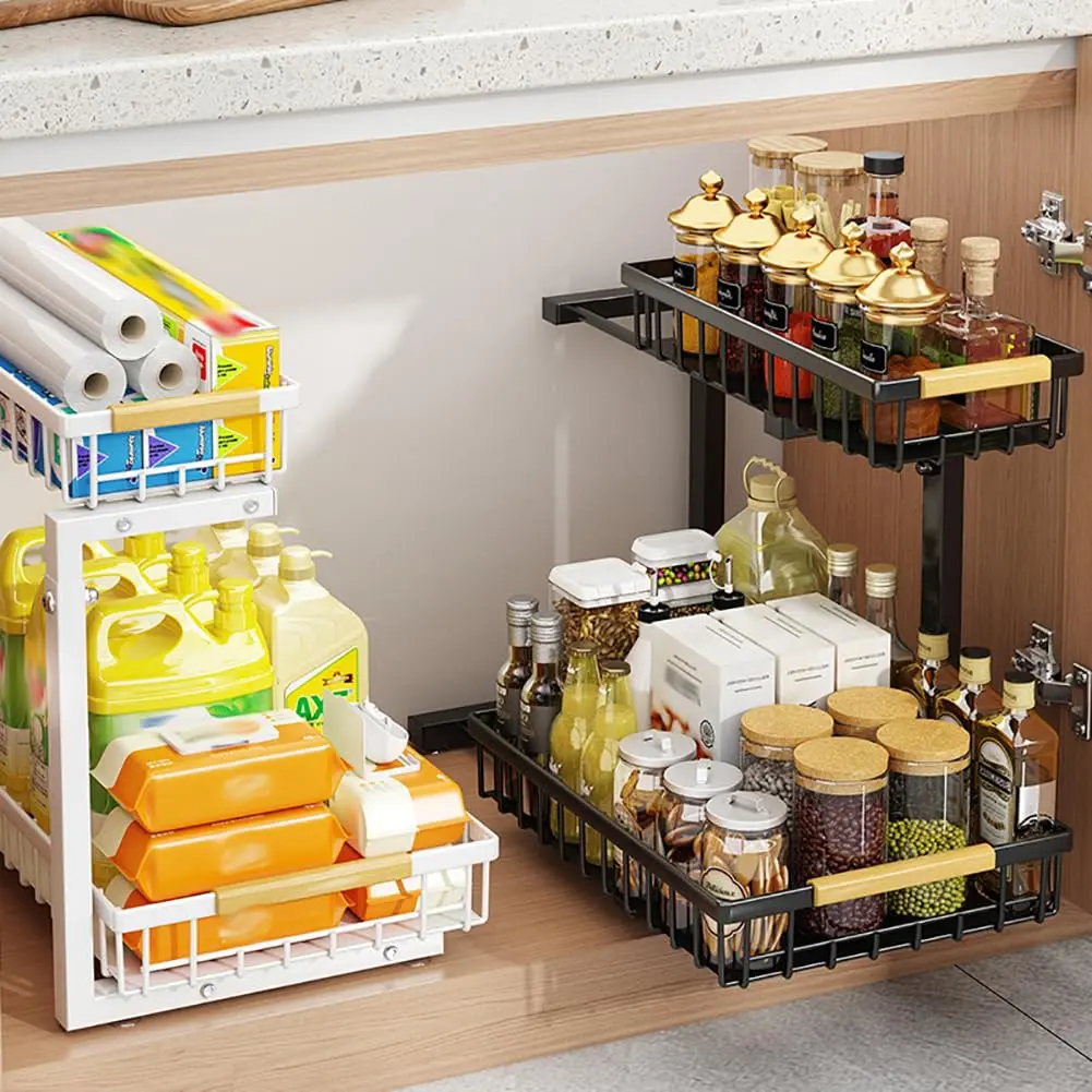 Garvee 2-Tier Under Basin Organizer - L-Shaped Pull-Out Cabinet Shelf with Sliding Drawers, Adjustable Rustproof Carbon Steel Storage Rack for Kitchen/Bathroom, Black