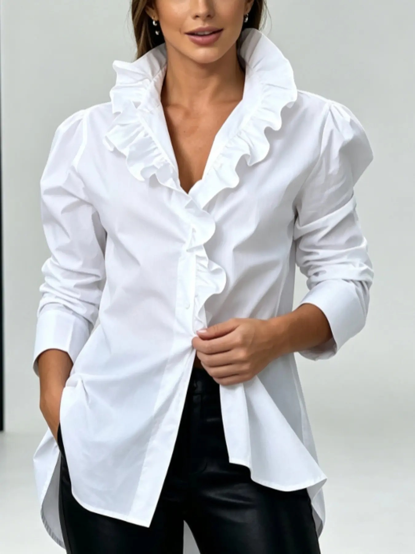 New Women's Blouse Shirt, Fashion French Ruffle Stand Collar Shirt, Mid-Length Loose Bubble Sleeve Top, Versatile Office Wear