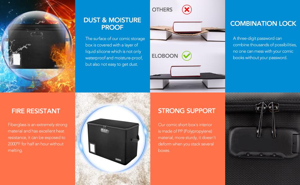 Comic Book Storage Box, Fireproof & Water-Resistant with Lock and Label Window, Moistureproof, Holds 150-175 Comics, Black