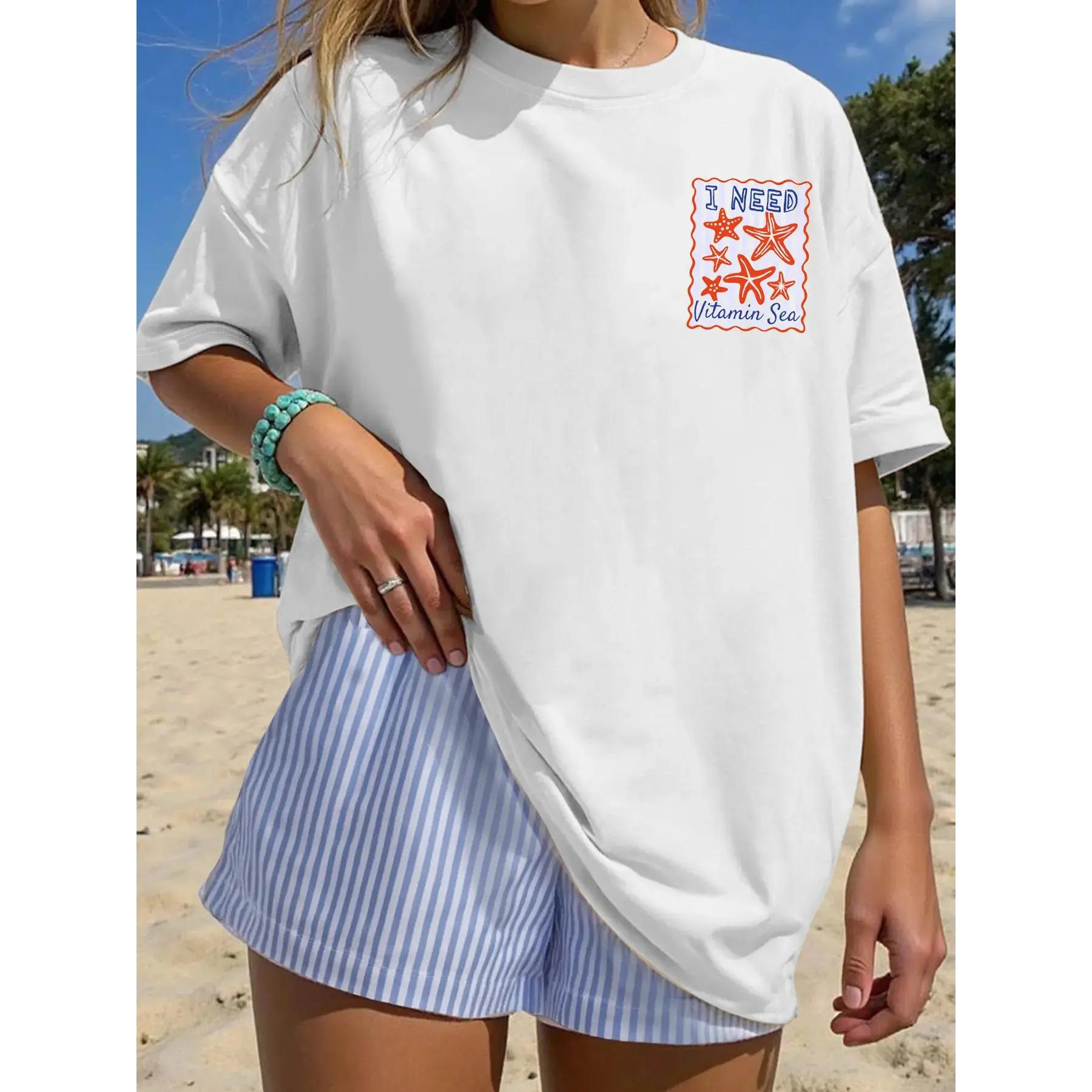 Women's 1 Piece Sets Cotton Unisex Casual Wear Cartoon Starfish Print Loose Fit Round Neck Tee , Preppy Summer Sports Clothing, Vacation Airport Outfits