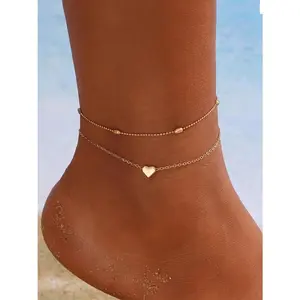 Women's Summer Beach Vacation Heart Design Anklet, Fashionable Simple Star Beaded Ankle Bracelet, Multi-Layer Pearl Chain Jewelry