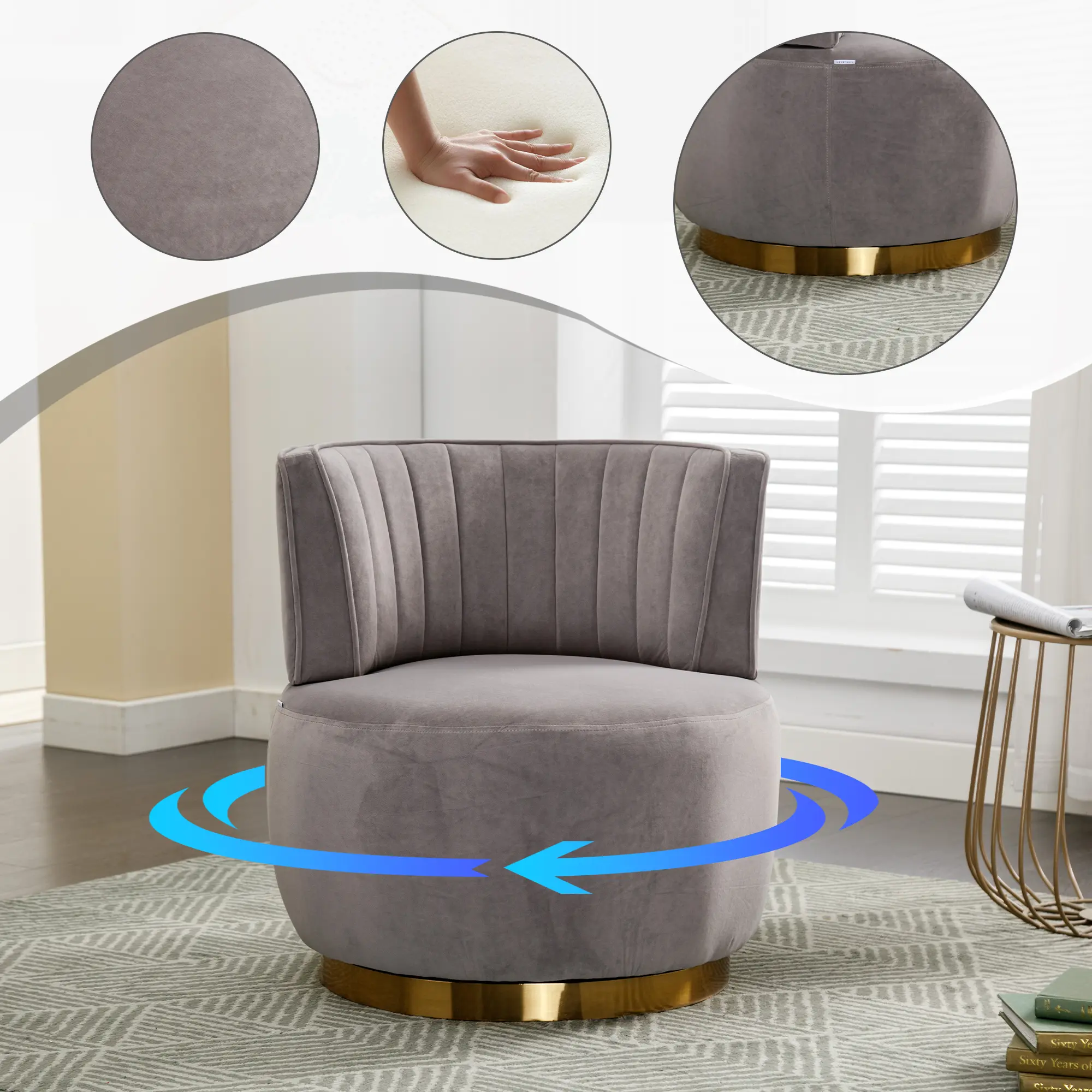 ARCH 360 Degree Swivel Barrel Accent Sofa Chair, Round Armchair with Wide Upholstered Seat, Fluffy Velvet Fabric Cuddle Chair for Living Room Bedroom Office Waiting Room, Gray, 25.6Wx25.2Dx26.4H in, Gray Color Options, Velvet Material