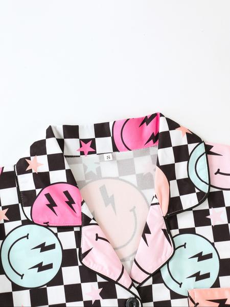 Women's Sleepwear Set, Smiley Face Print Pajamas, Lapel Button Short Sleeve Top & Elastic Shorts, Casual Fitted Nightwear