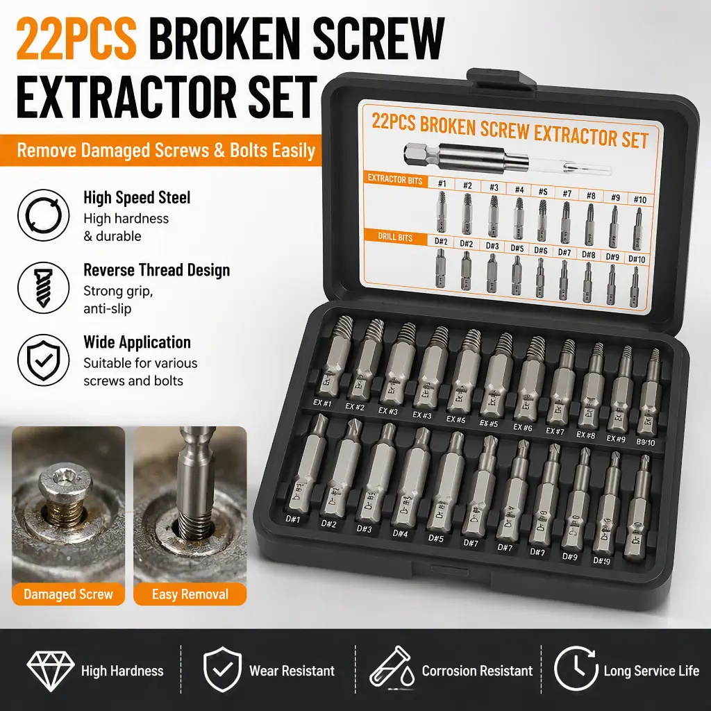 22 Pieces Broken Screw & Bolt Extractor Tool Kit, HSS Reverse Thread Extractors for Removing Rusted, Stripped Damaged Fasteners