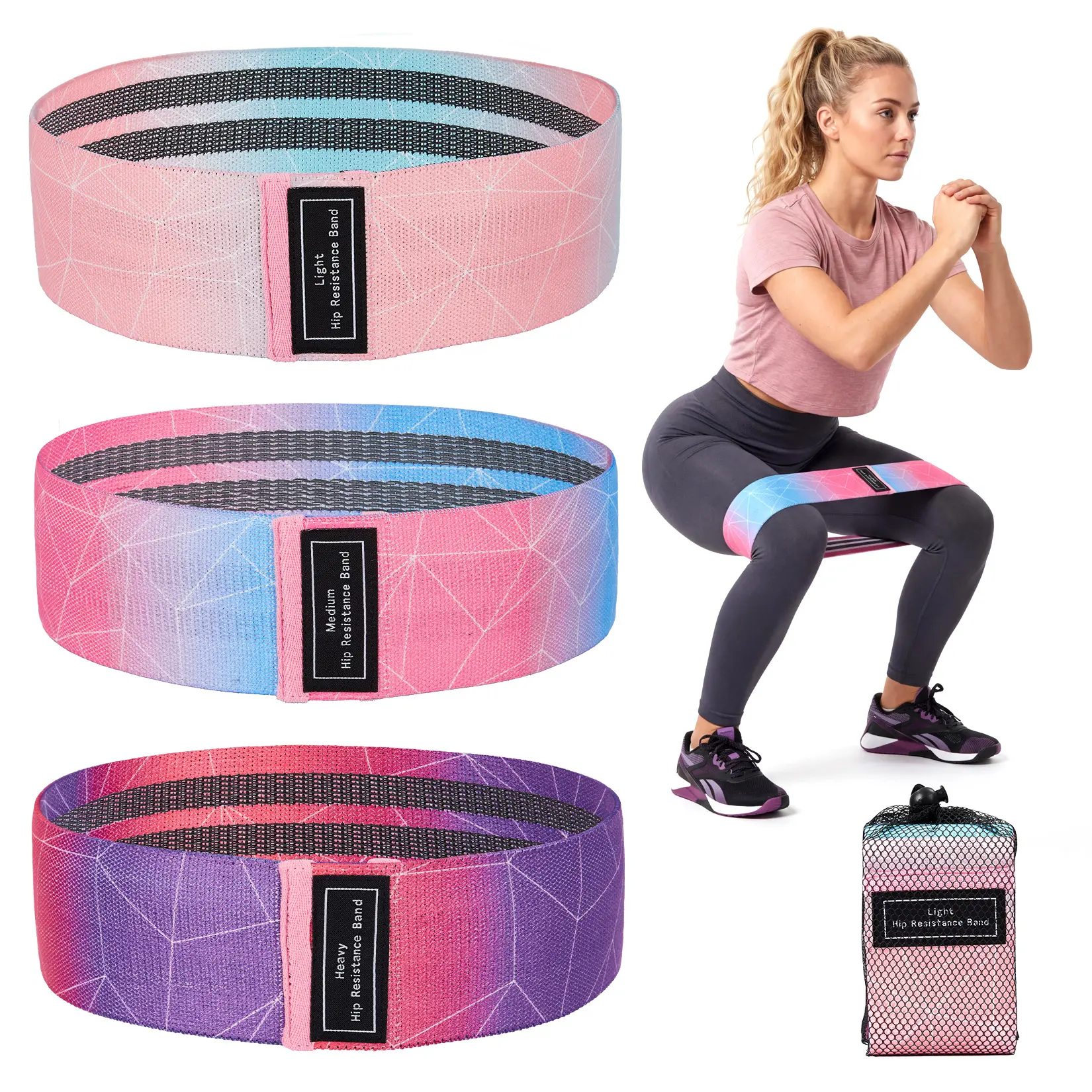 Non-Slip Fabric Resistance Bands Set of 6 for Strength & Glute Training – Booty, Legs, Pilates, Home Gym – Heavy/Medium/Light – Multiple Colors – Light Gray Black